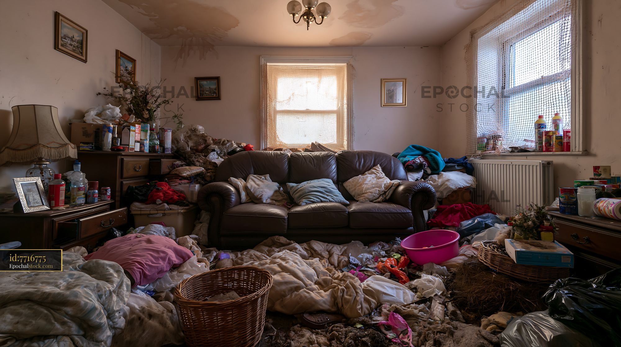 Watermarked full-resolution preview of Cluttered living room filled with debris and disarray