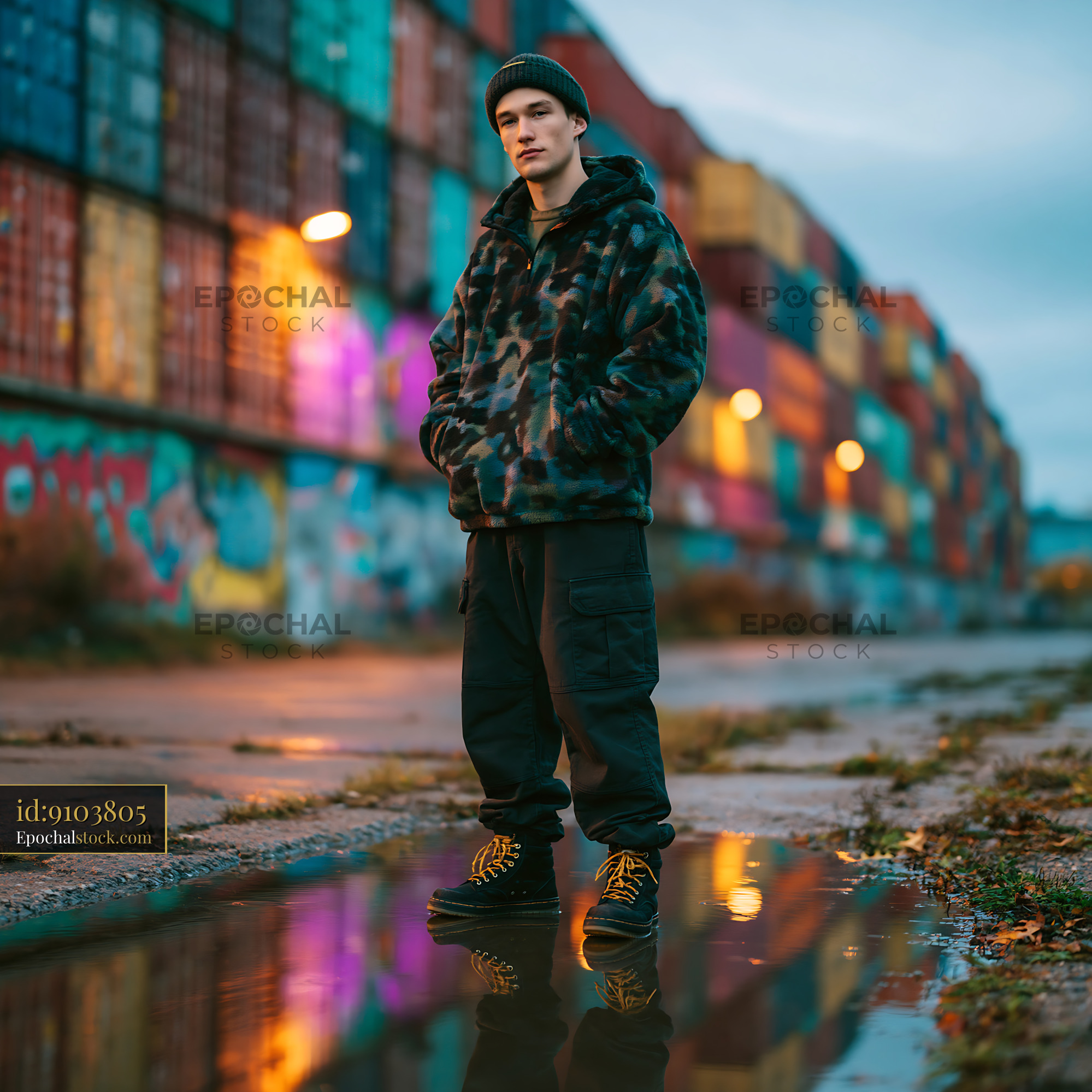 Watermarked full-resolution preview of Young man standing in front of shipping containers during twilight