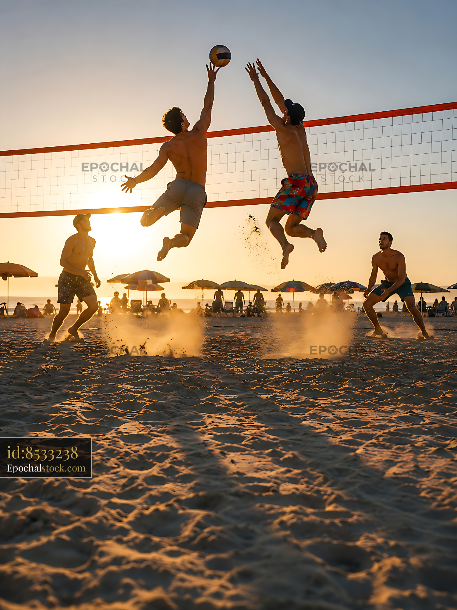 Watermarked full-resolution preview of Men playing beach volleyball during sunset at the coast