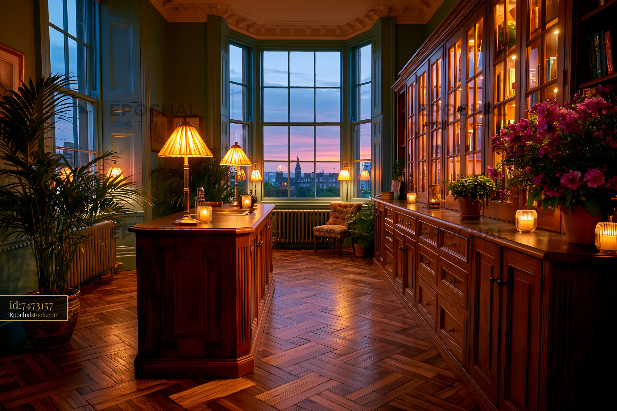 Watermarked full-resolution preview of Warm interior with wooden cabinets and sunset view