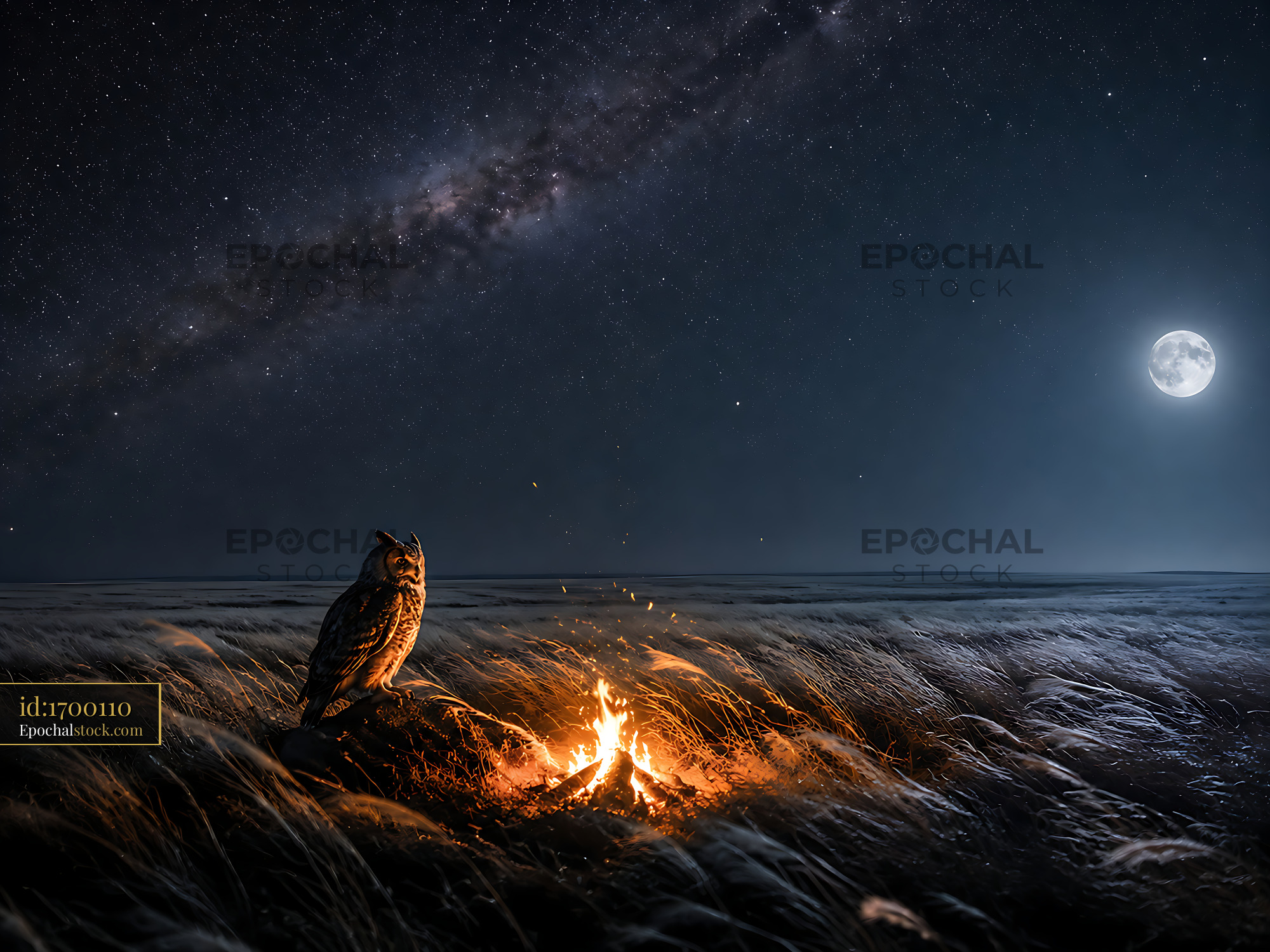 Watermarked full-resolution preview of Owl sitting by fire under night sky with stars and moon