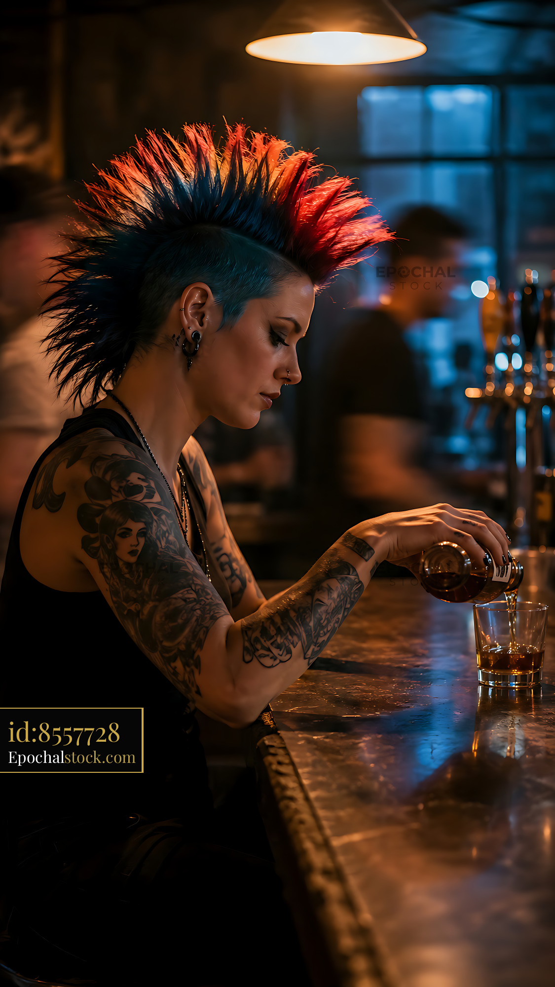 Watermarked full-resolution preview of Woman with colorful mohawk haircut pours drink at bar