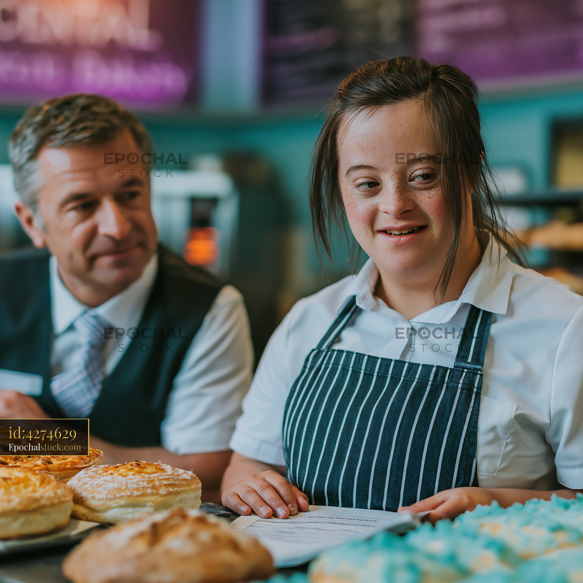 Watermarked full-resolution preview of Baker discusses pastries with trainee in a busy kitchen