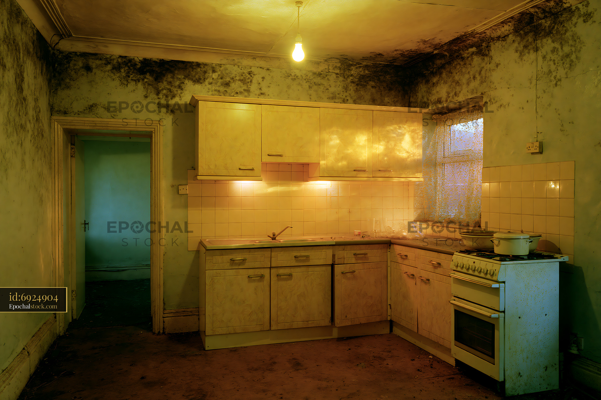 Watermarked full-resolution preview of Abandoned kitchen with peeling walls and broken appliances