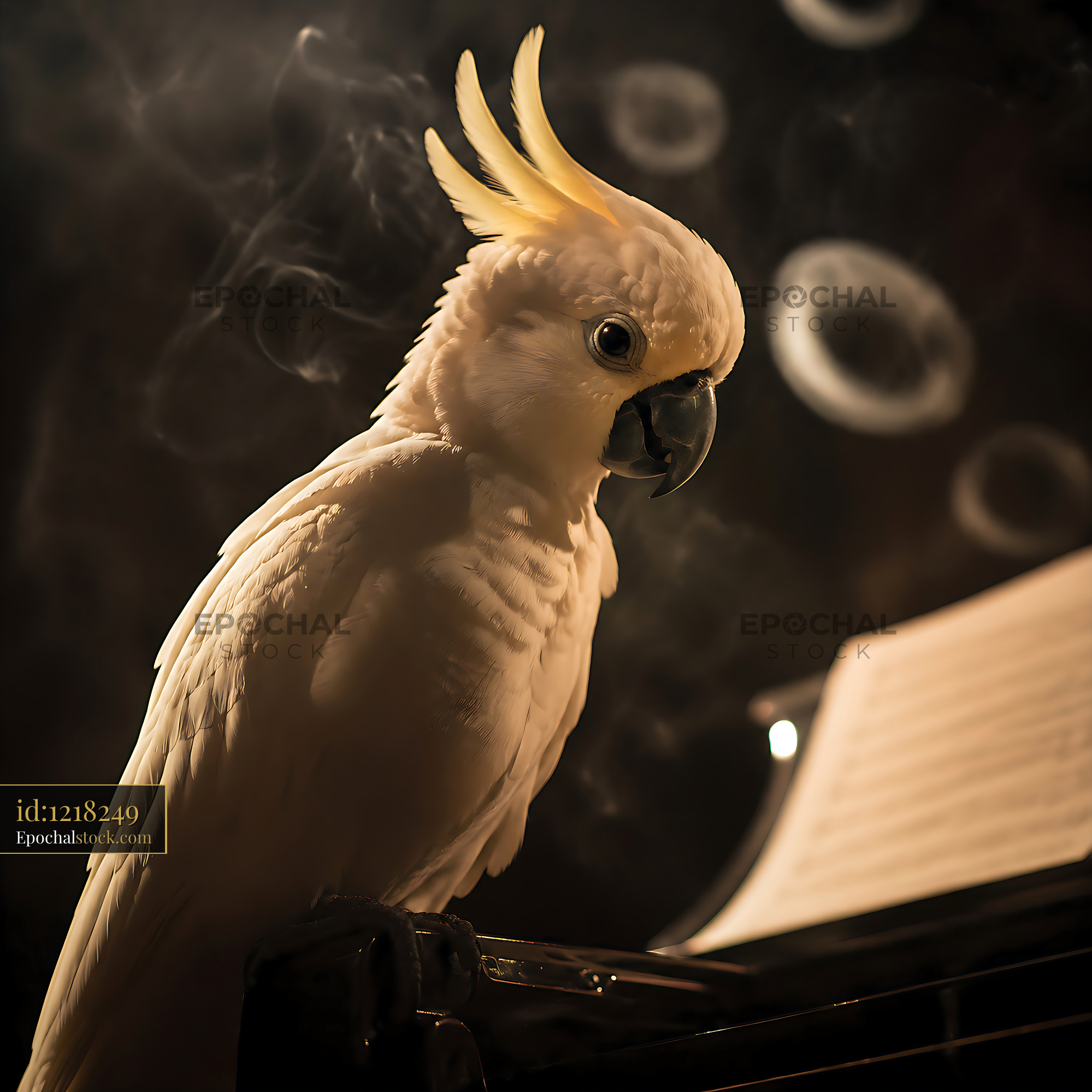 Watermarked full-resolution preview of Cockatoo perched on piano during evening with smoke