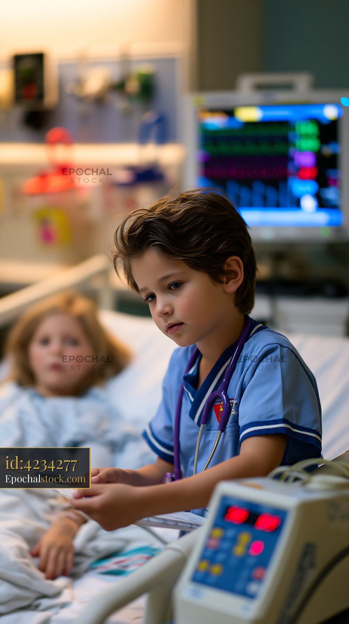 Watermarked full-resolution preview of Child helps sibling in hospital with medical equipment
