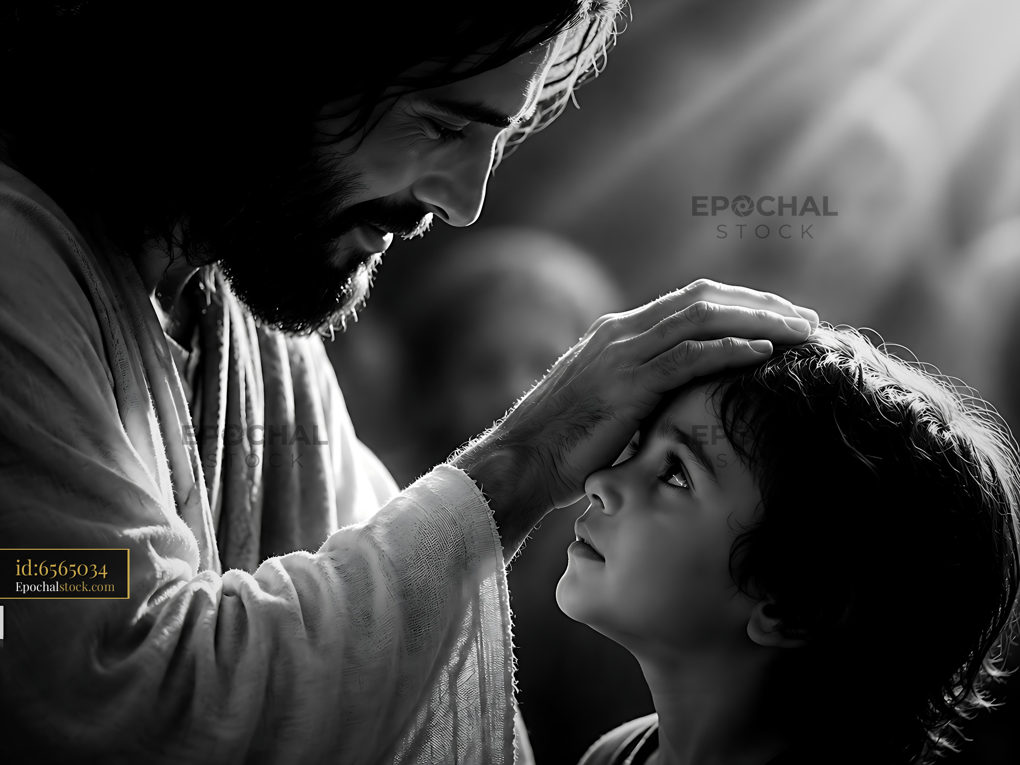 Watermarked full-resolution preview of Interaction between Jesus and a child in a warm light setting