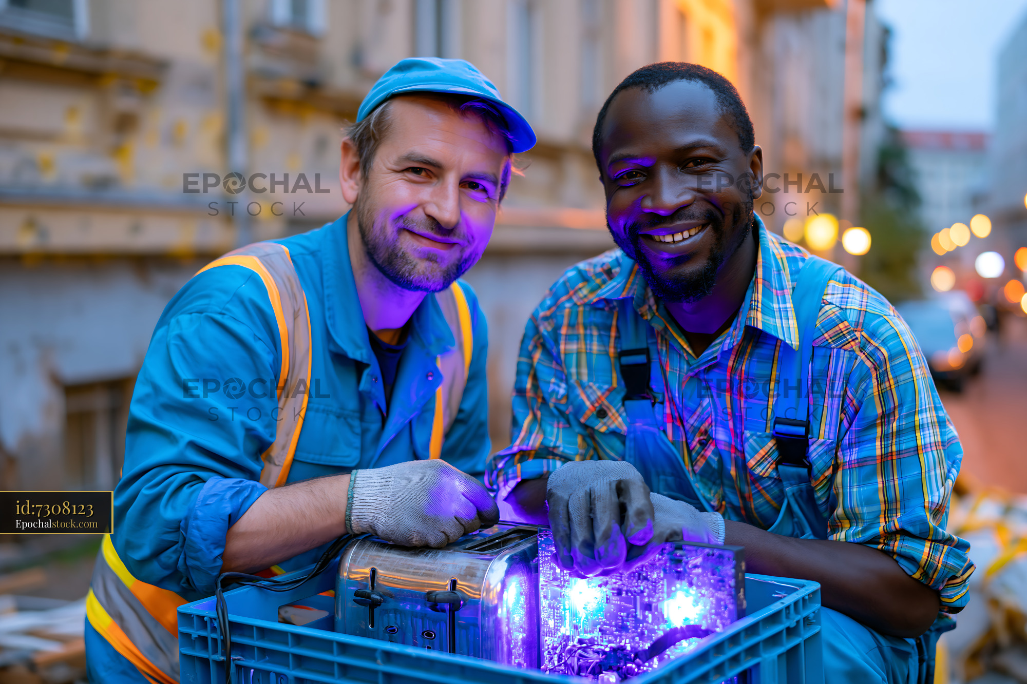 Watermarked full-resolution preview of Two workers smiling while holding equipment in a city street