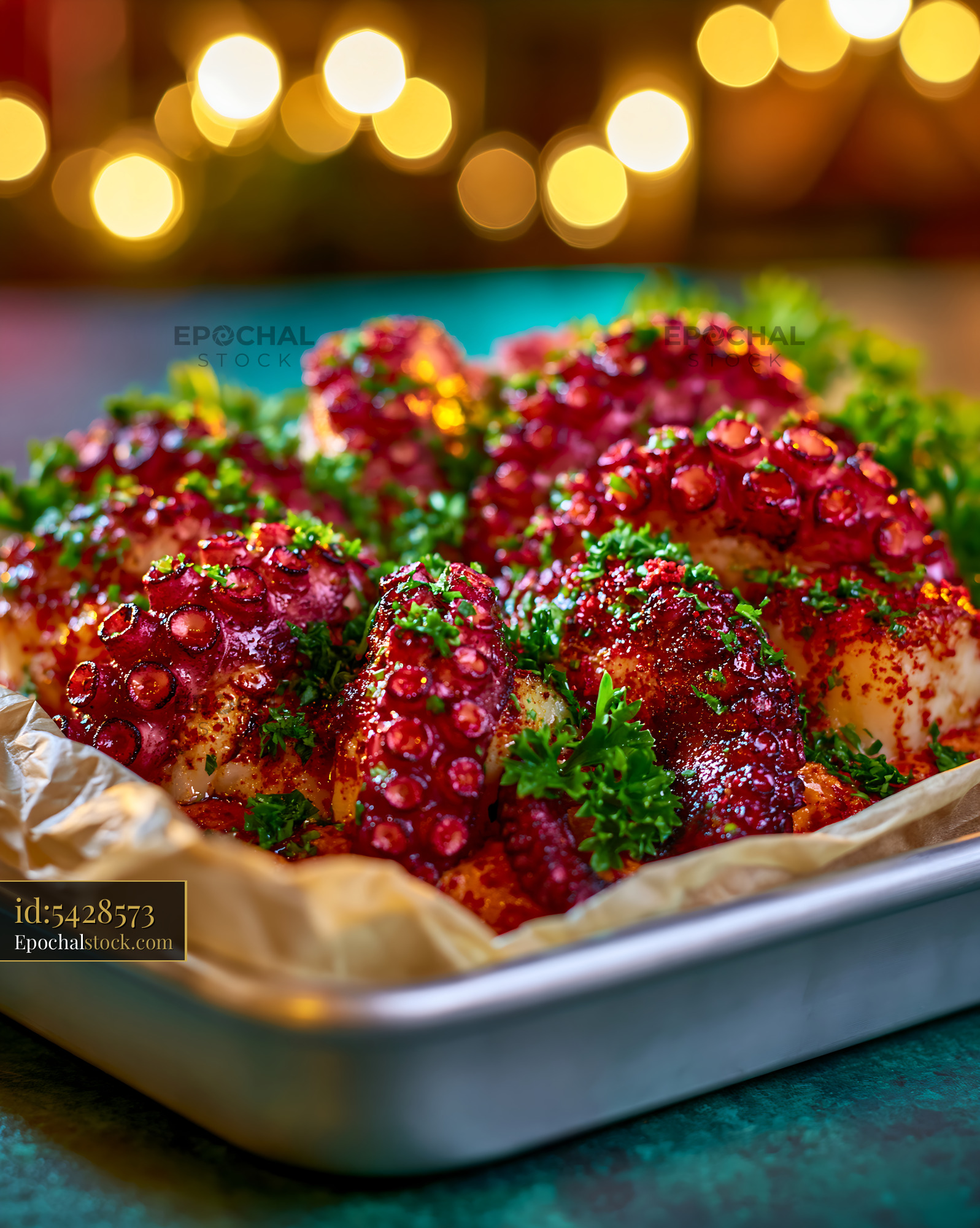 Watermarked full-resolution preview of Octopus dish served on a tray with herbs and garnish