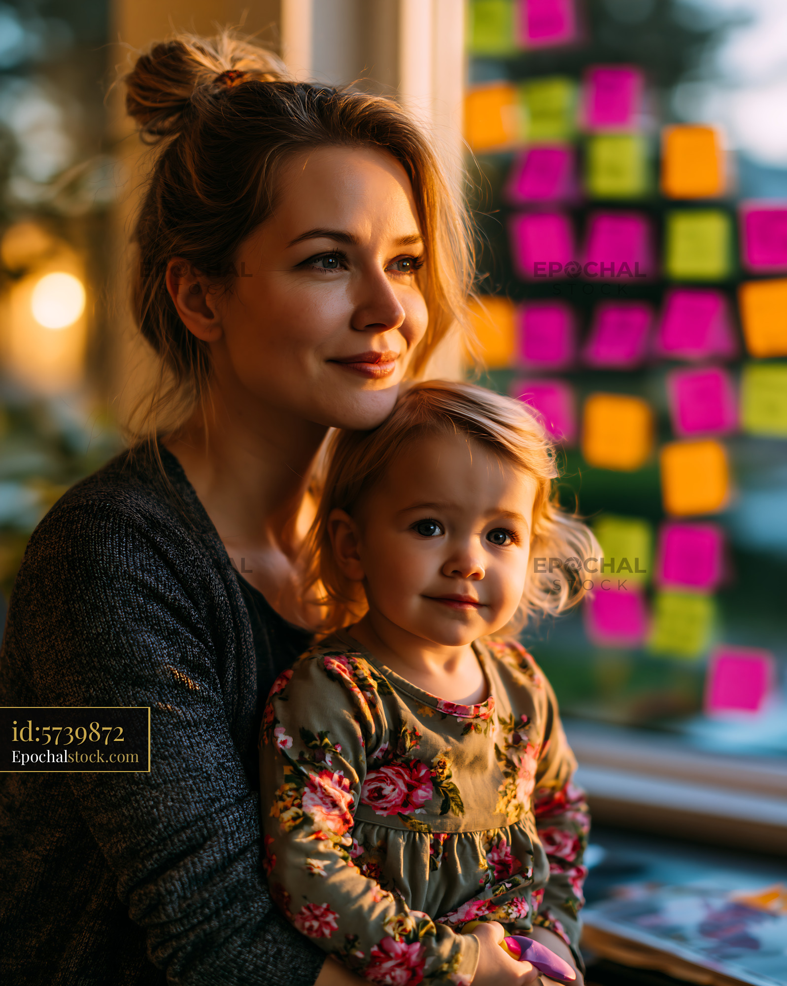 Watermarked full-resolution preview of A woman holds her young child while sitting near a window