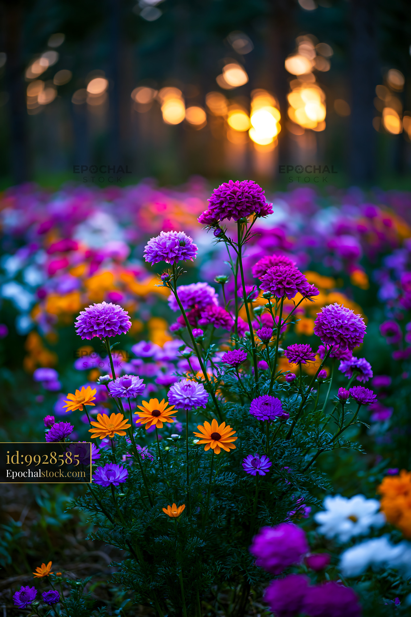 Flowers Bloom in Colorful Garden Under Sunset Light - stock photo