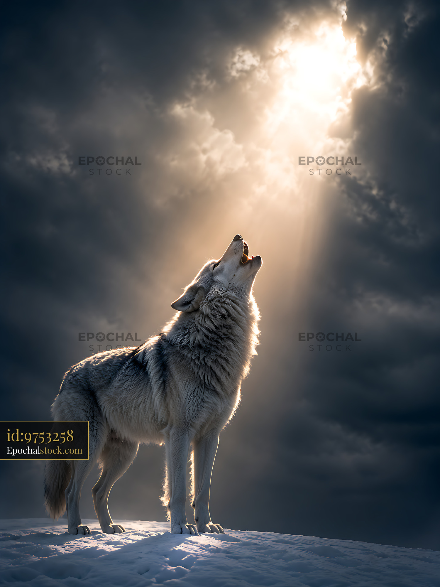 Lone Wolf Howling Under a Cloudy Sky With Sunlight Shining Through - stock photo