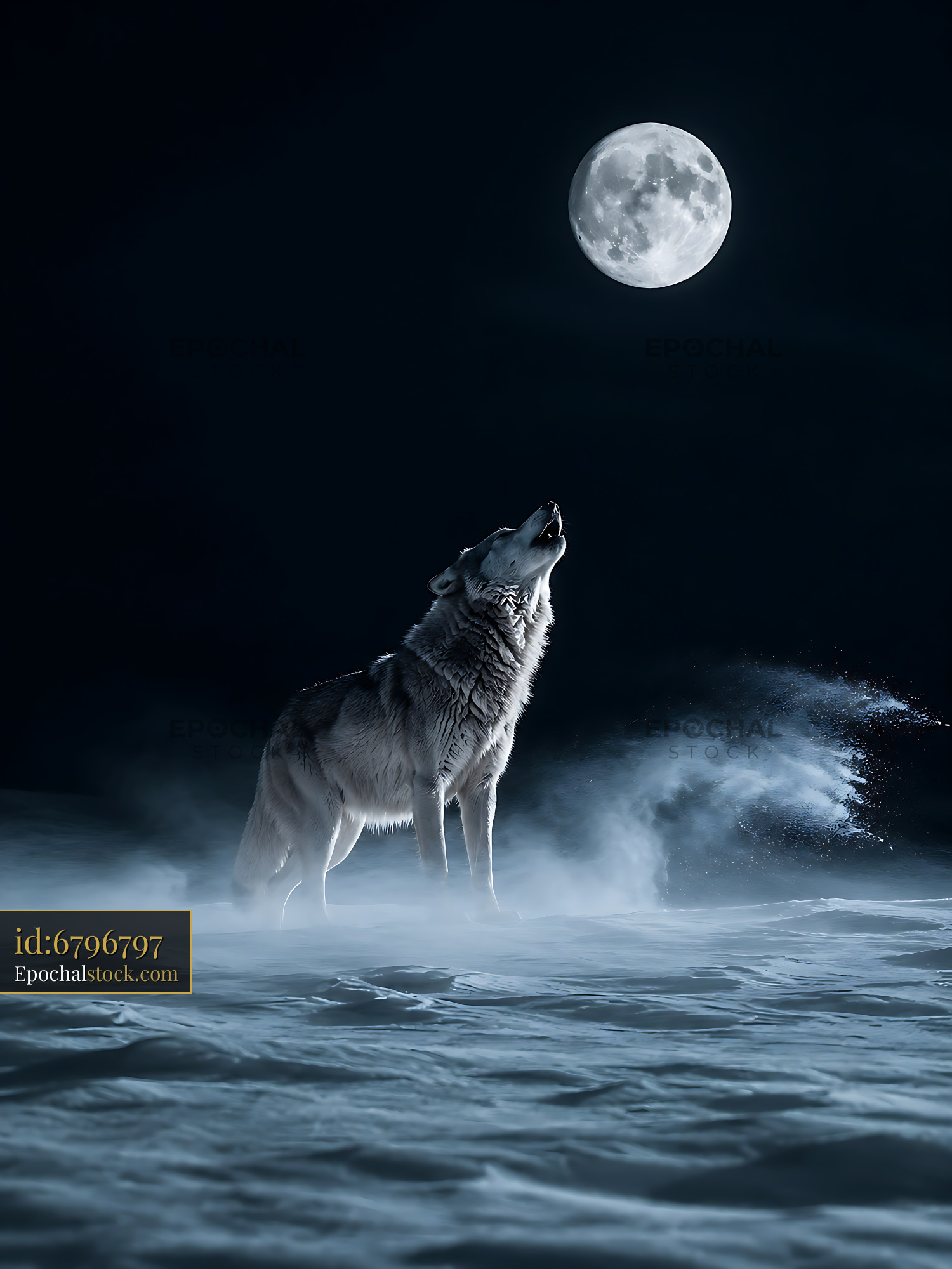 Watermarked full-resolution preview of Wolf howling at full moon in a snowy landscape
