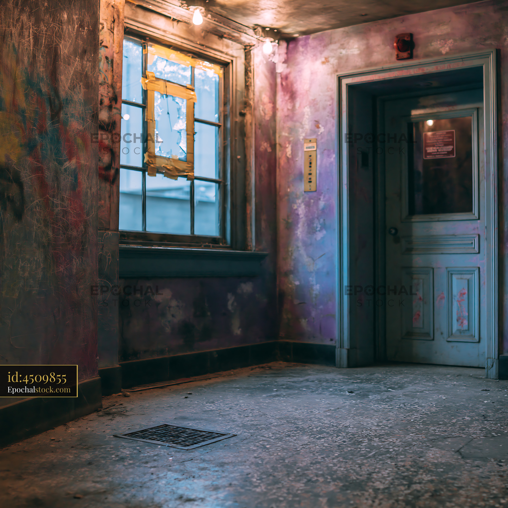 Watermarked full-resolution preview of Abandoned room with colorful walls and window