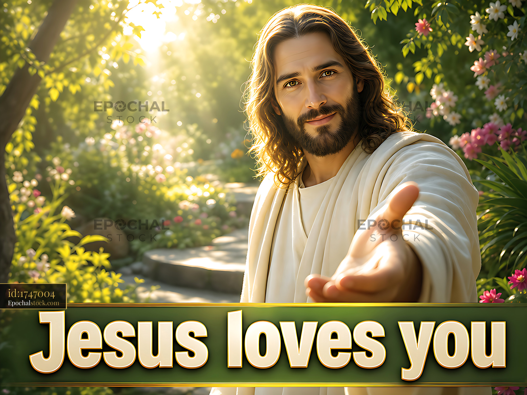 Watermarked full-resolution preview of Jesus offers love and support in a garden setting