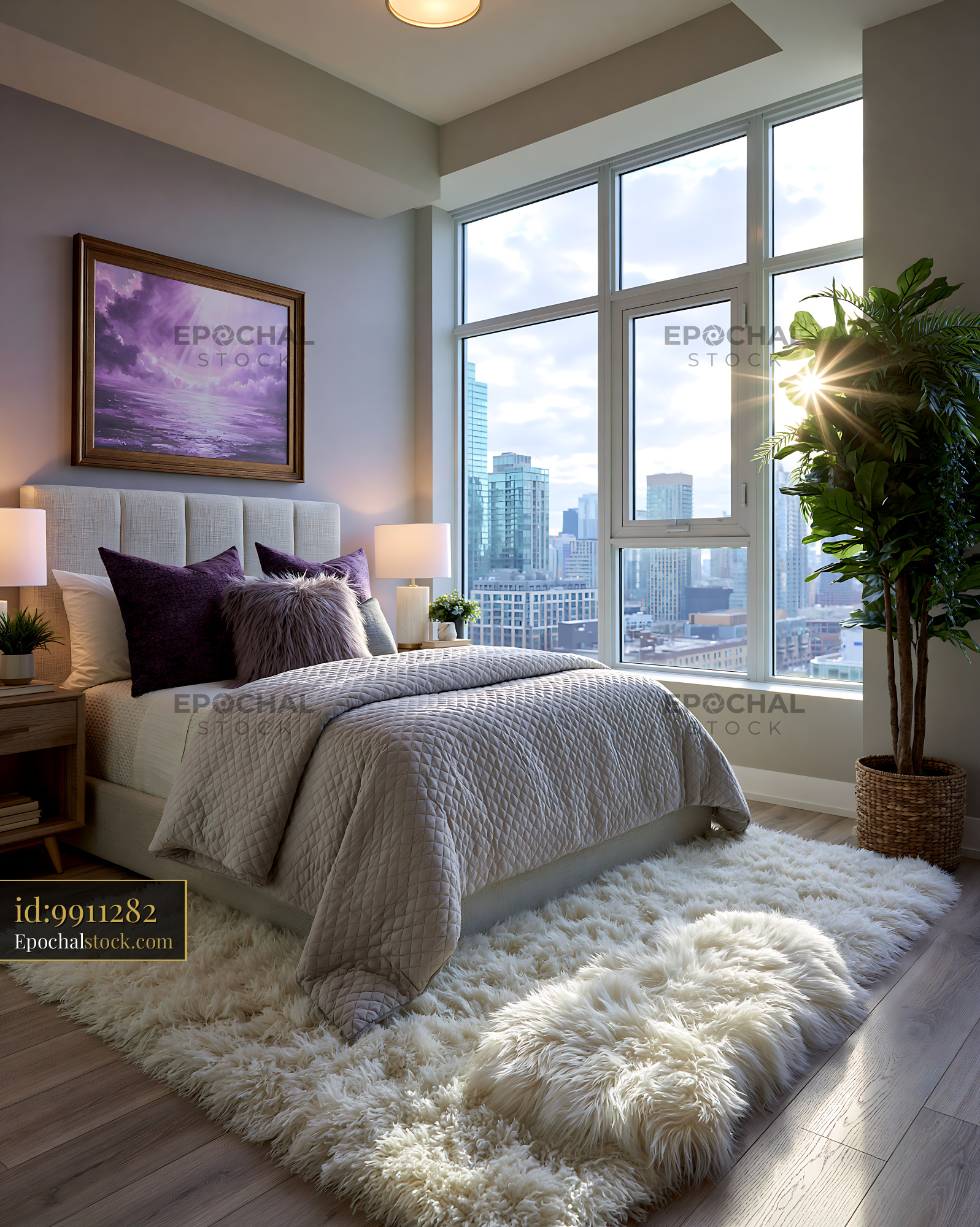 Watermarked full-resolution preview of Modern bedroom with city view and natural light