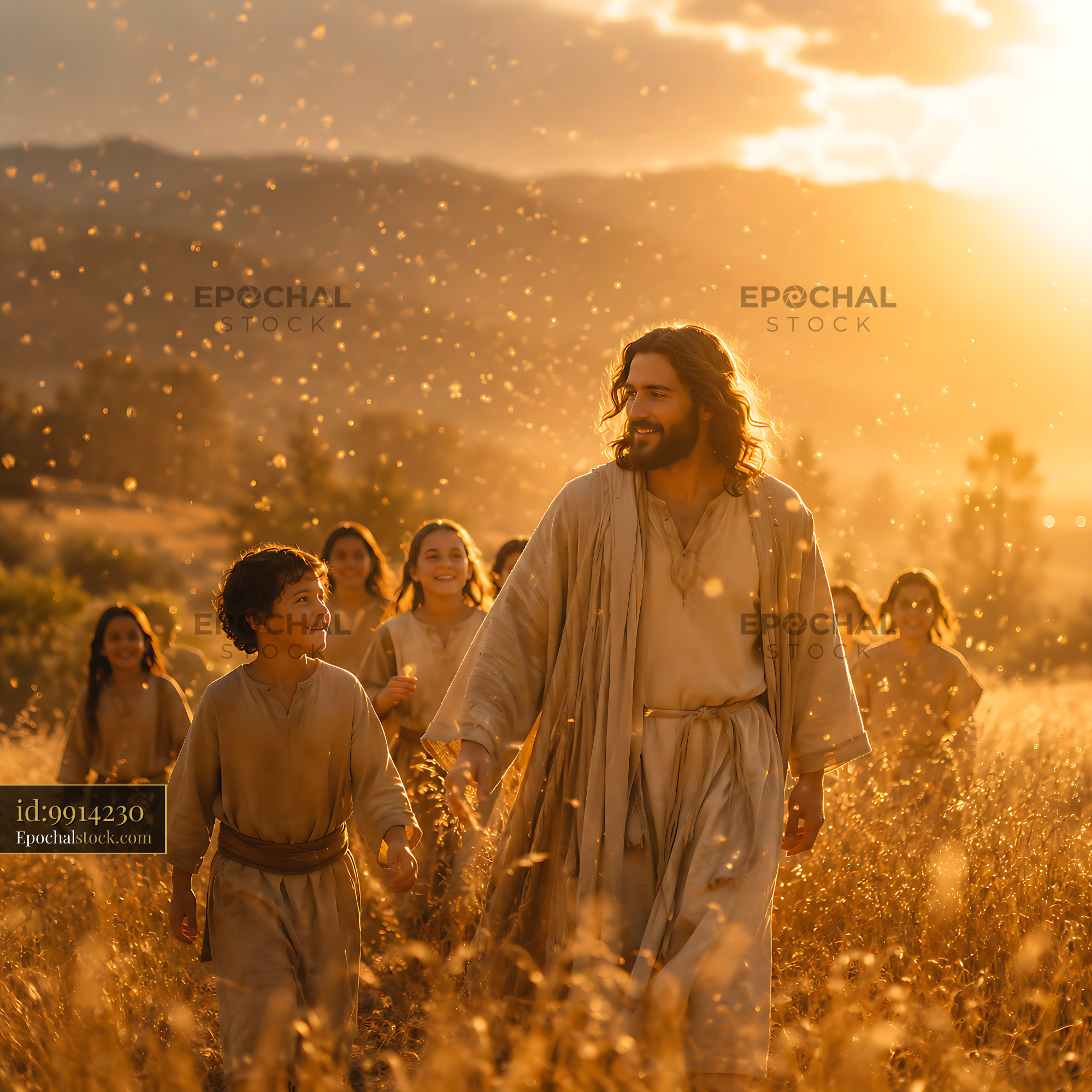 Watermarked full-resolution preview of Jesus walking with children in a field at sunset