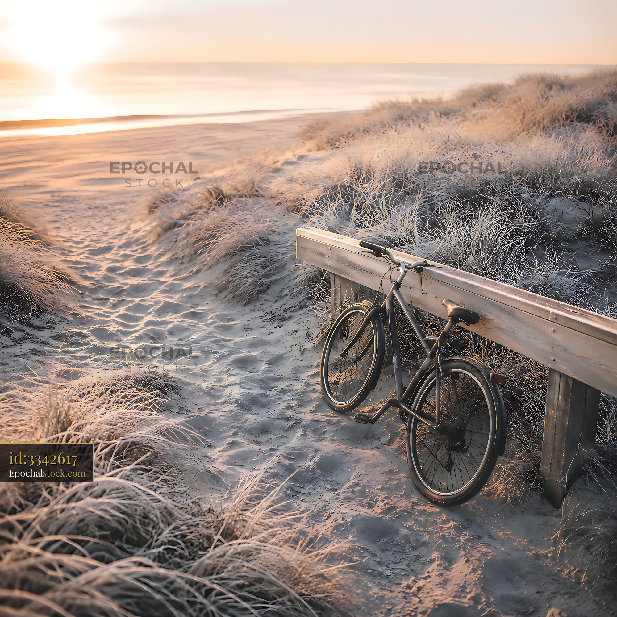 Watermarked full-resolution preview of Bicycle resting by sandy beach path at sunset