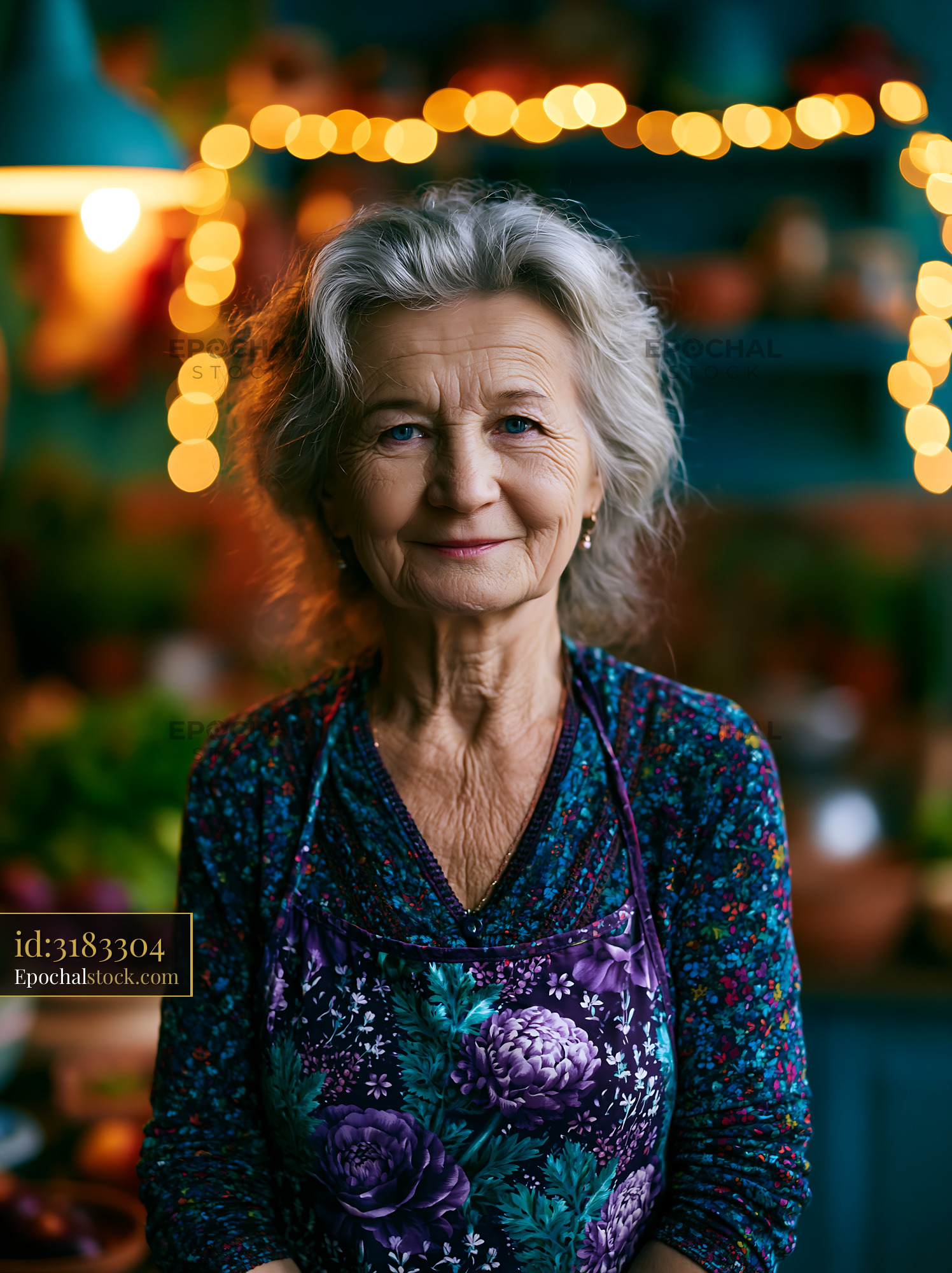 Watermarked full-resolution preview of Elderly woman smiling in kitchen with warm lighting and decorations