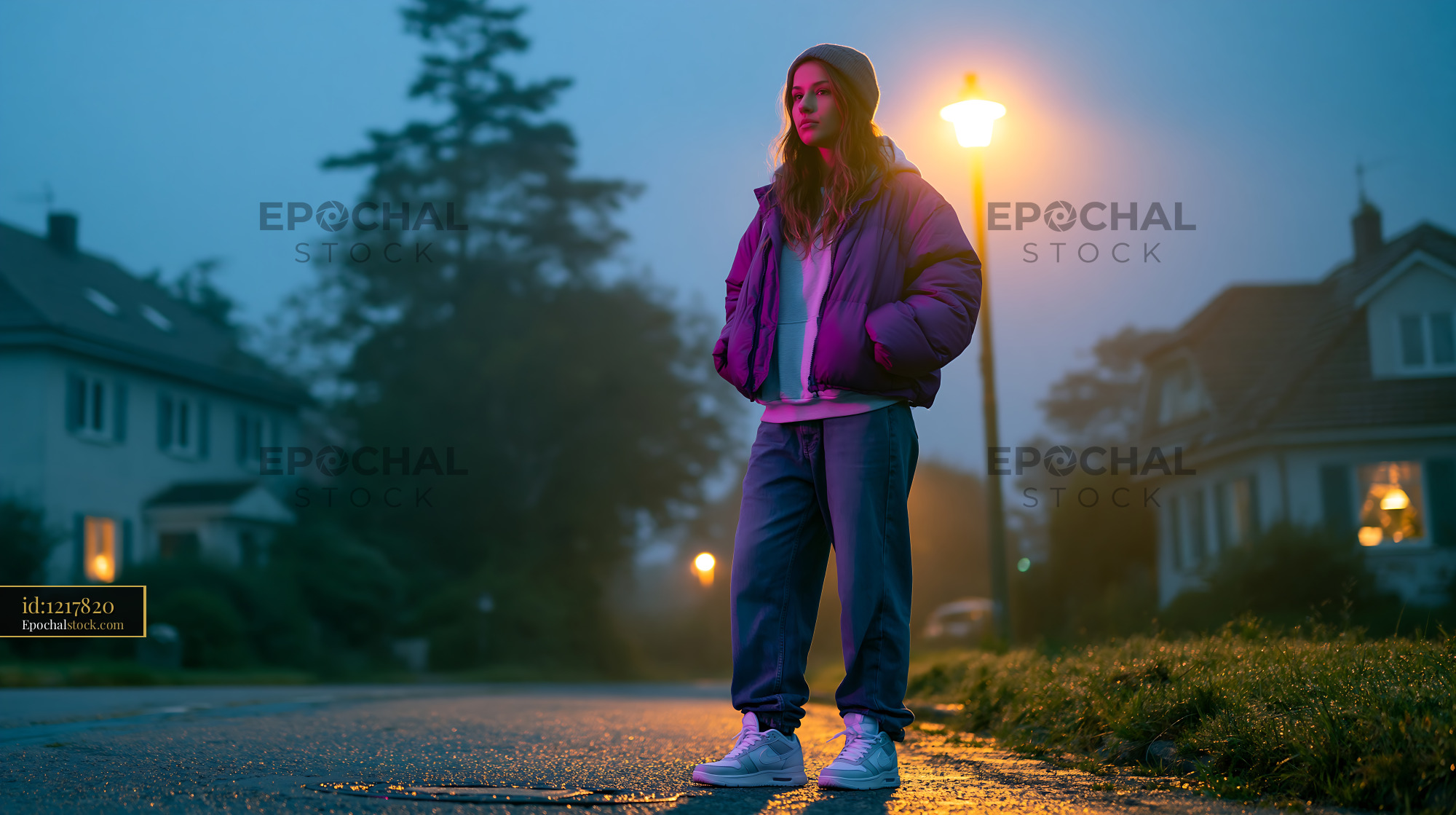 Watermarked full-resolution preview of Woman standing on a quiet street in foggy evening light