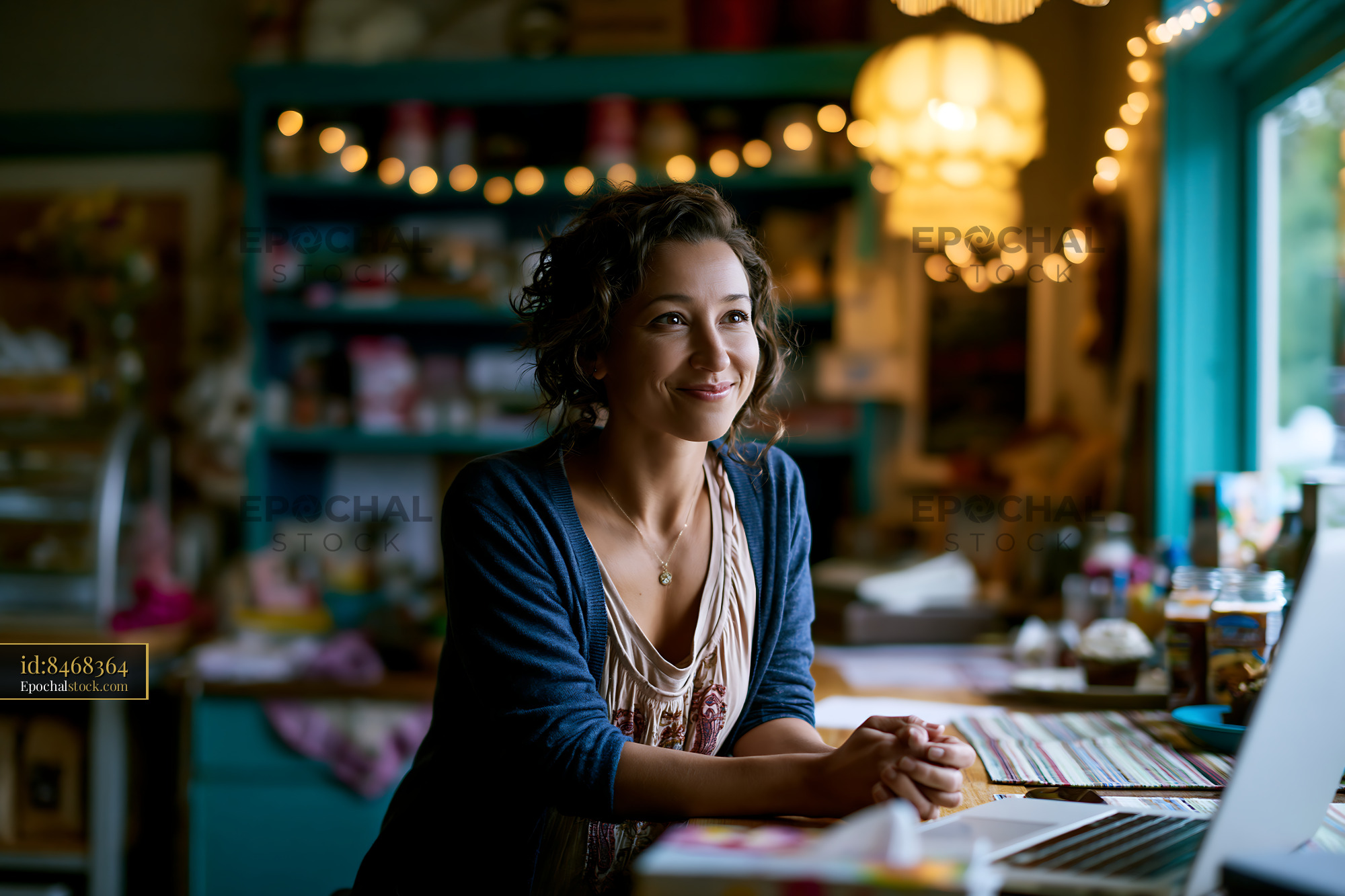 Watermarked full-resolution preview of Woman smiling while working at a table in a cozy shop