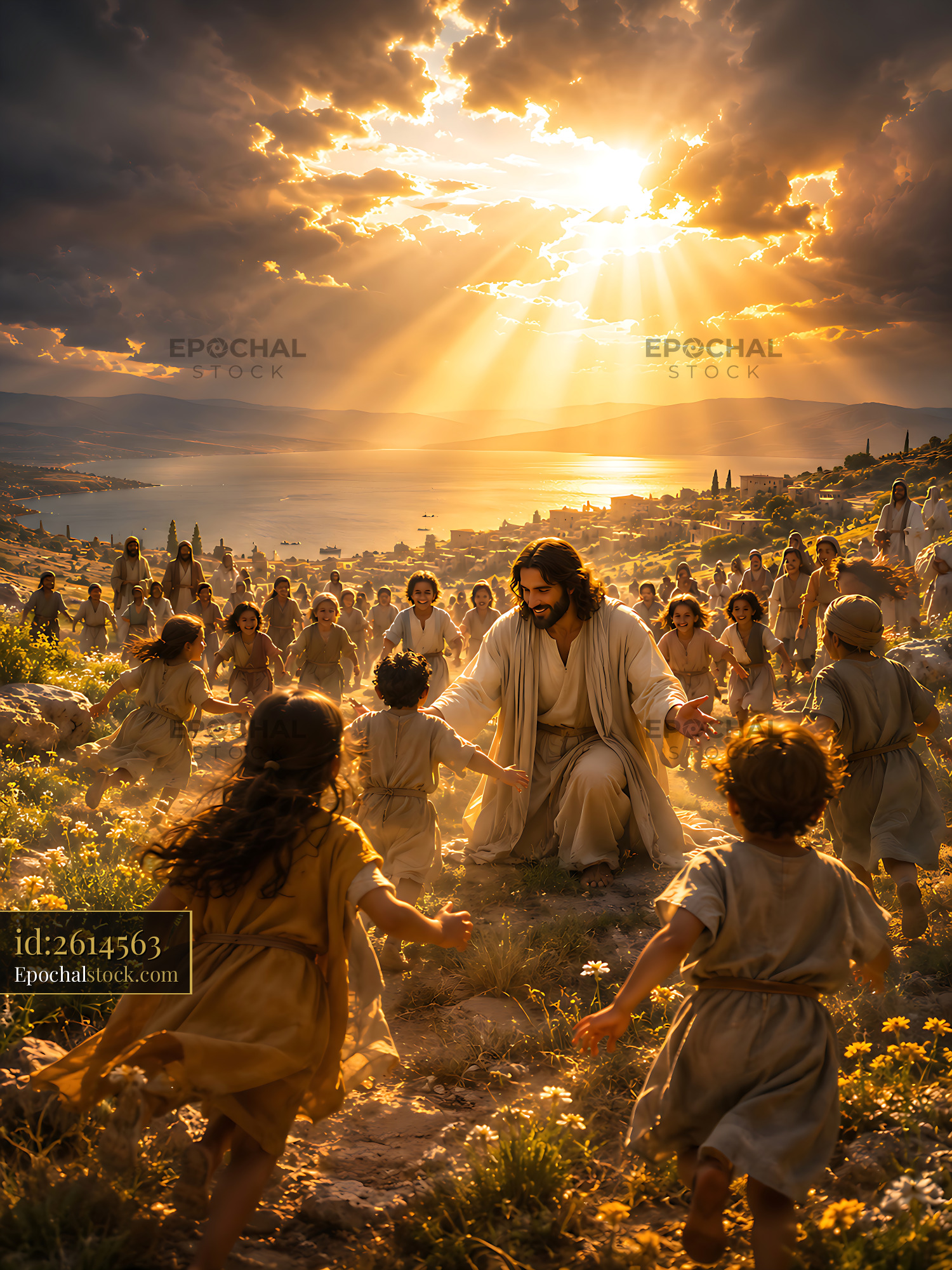 Watermarked full-resolution preview of Jesus surrounded by children in a mountainous landscape