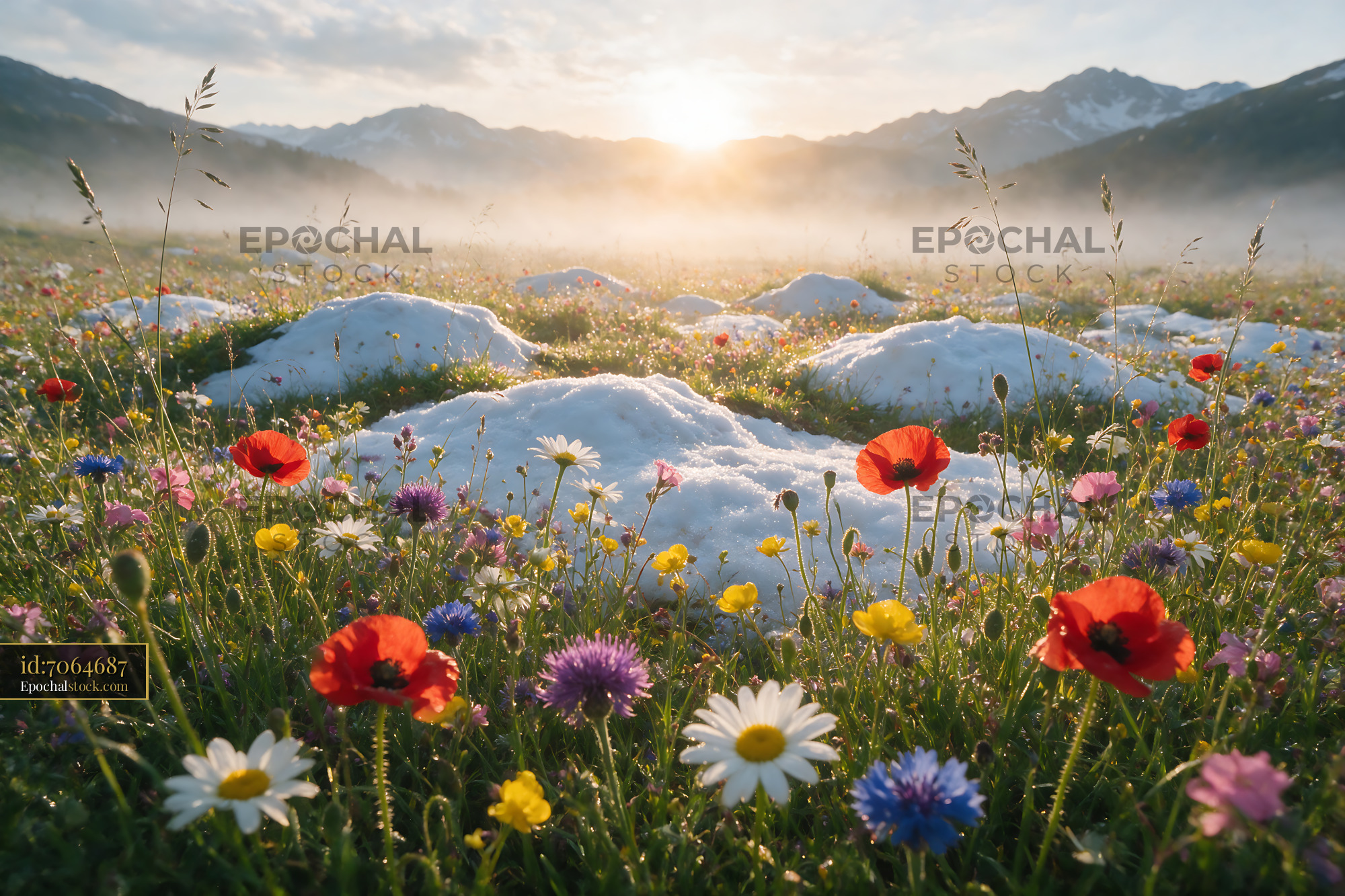 Watermarked full-resolution preview of Vibrant wildflowers bloom near snow patches at sunrise