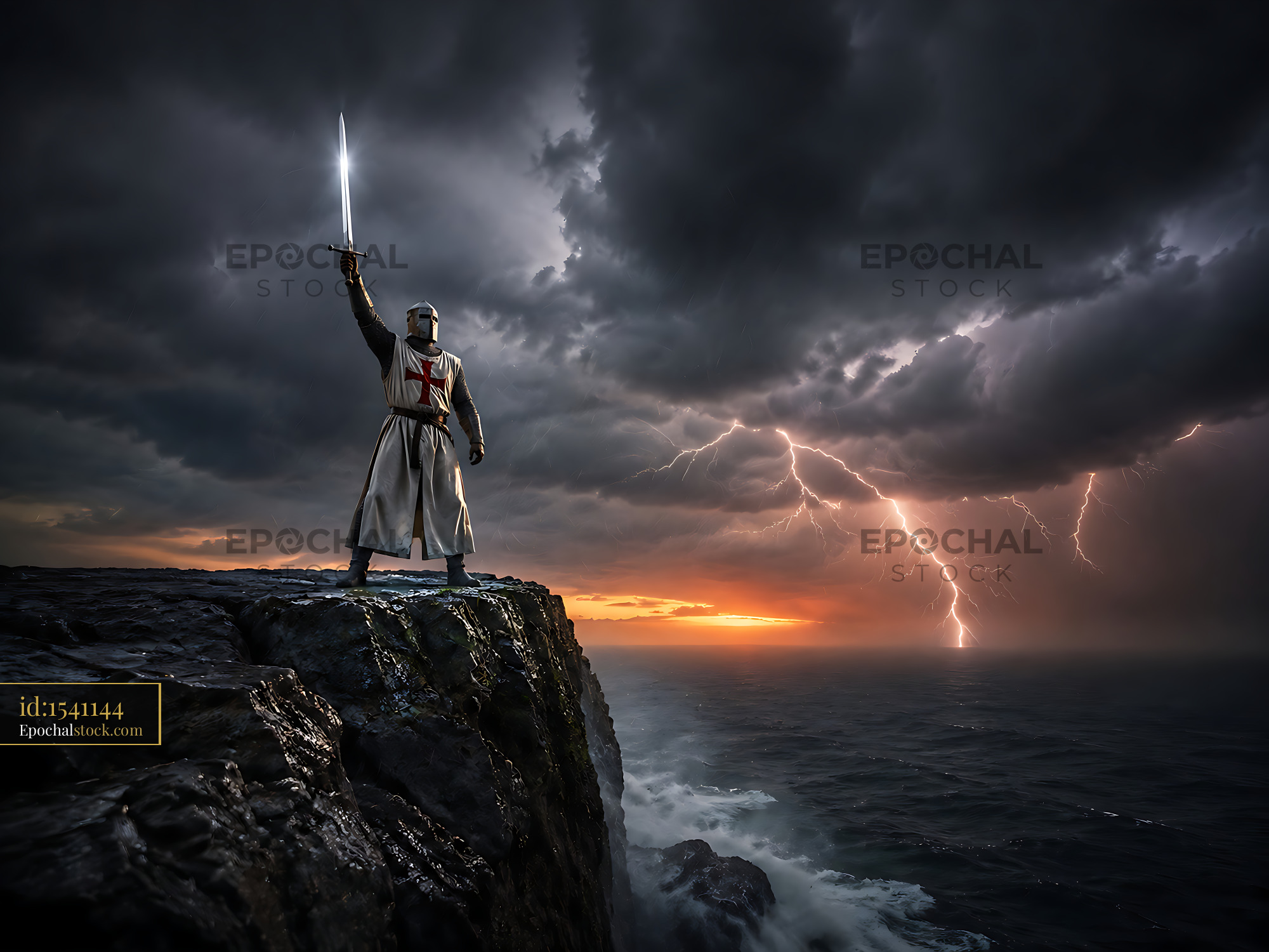 Knight Stands on Cliff Holding Sword Against Stormy Sky - stock photo