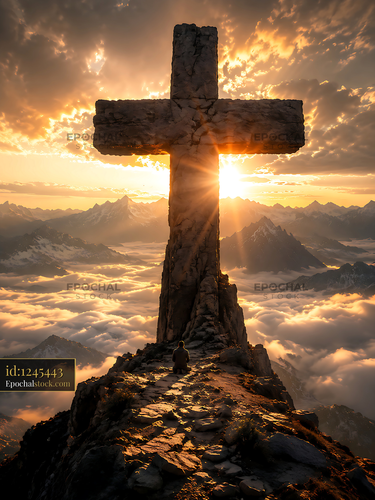 Watermarked full-resolution preview of Cross silhouette at sunrise over mountains and clouds