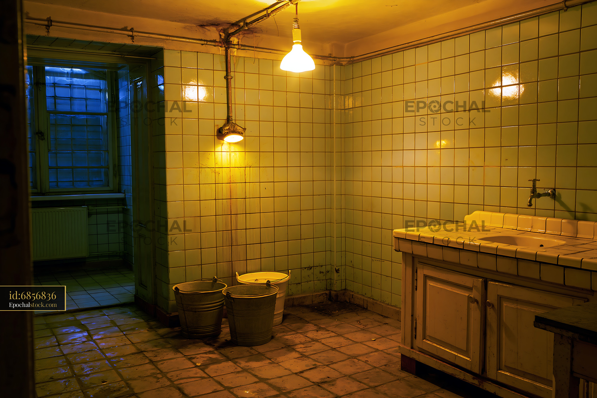 Watermarked full-resolution preview of Old bathroom with blue lighting and tiled walls