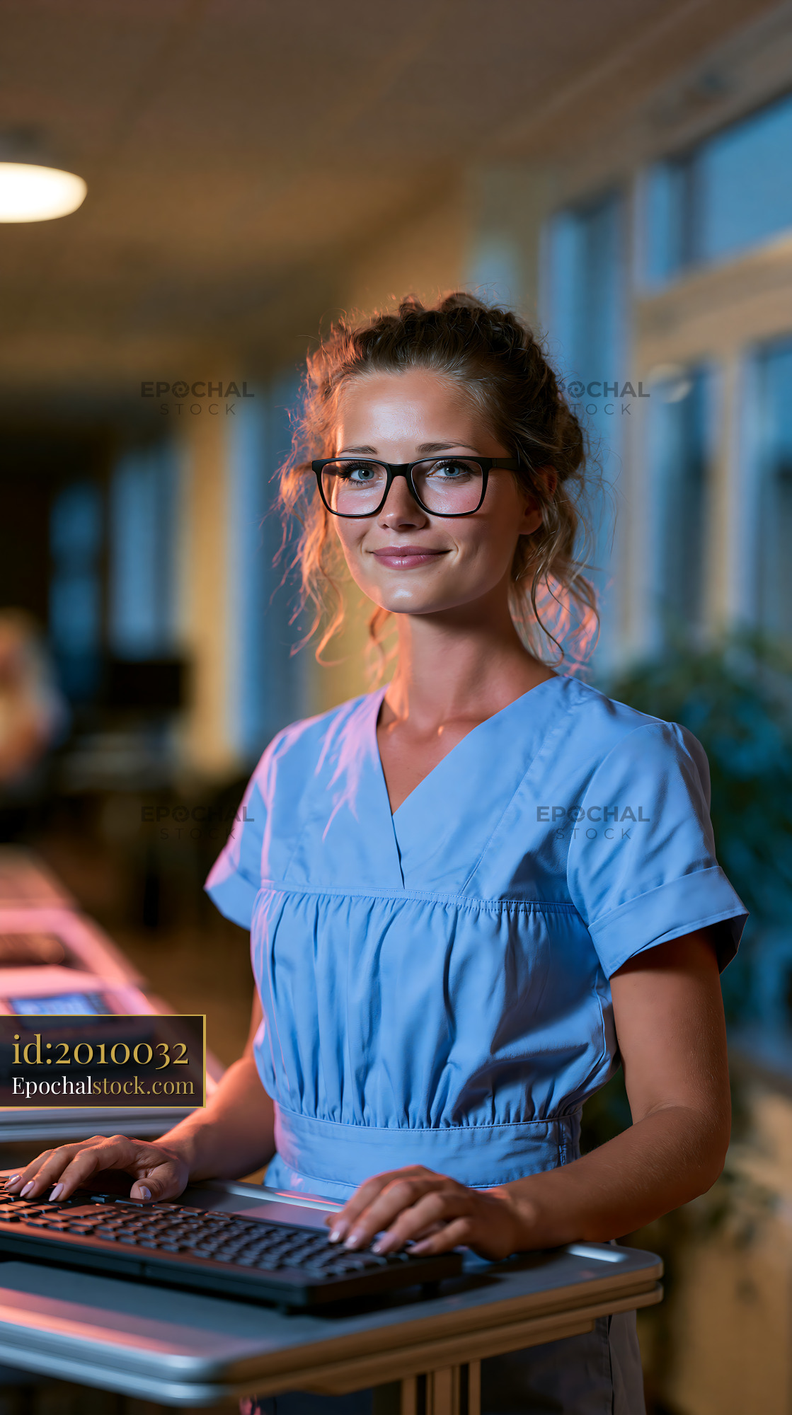 Watermarked full-resolution preview of Young woman working at a computer in an office setting