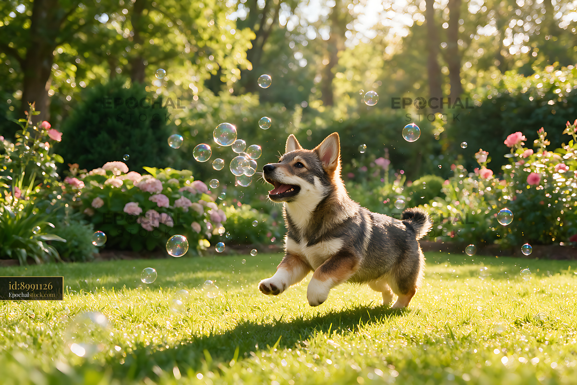 Watermarked full-resolution preview of Playful Puppy Chasing Bubbles on a Garden Lawn