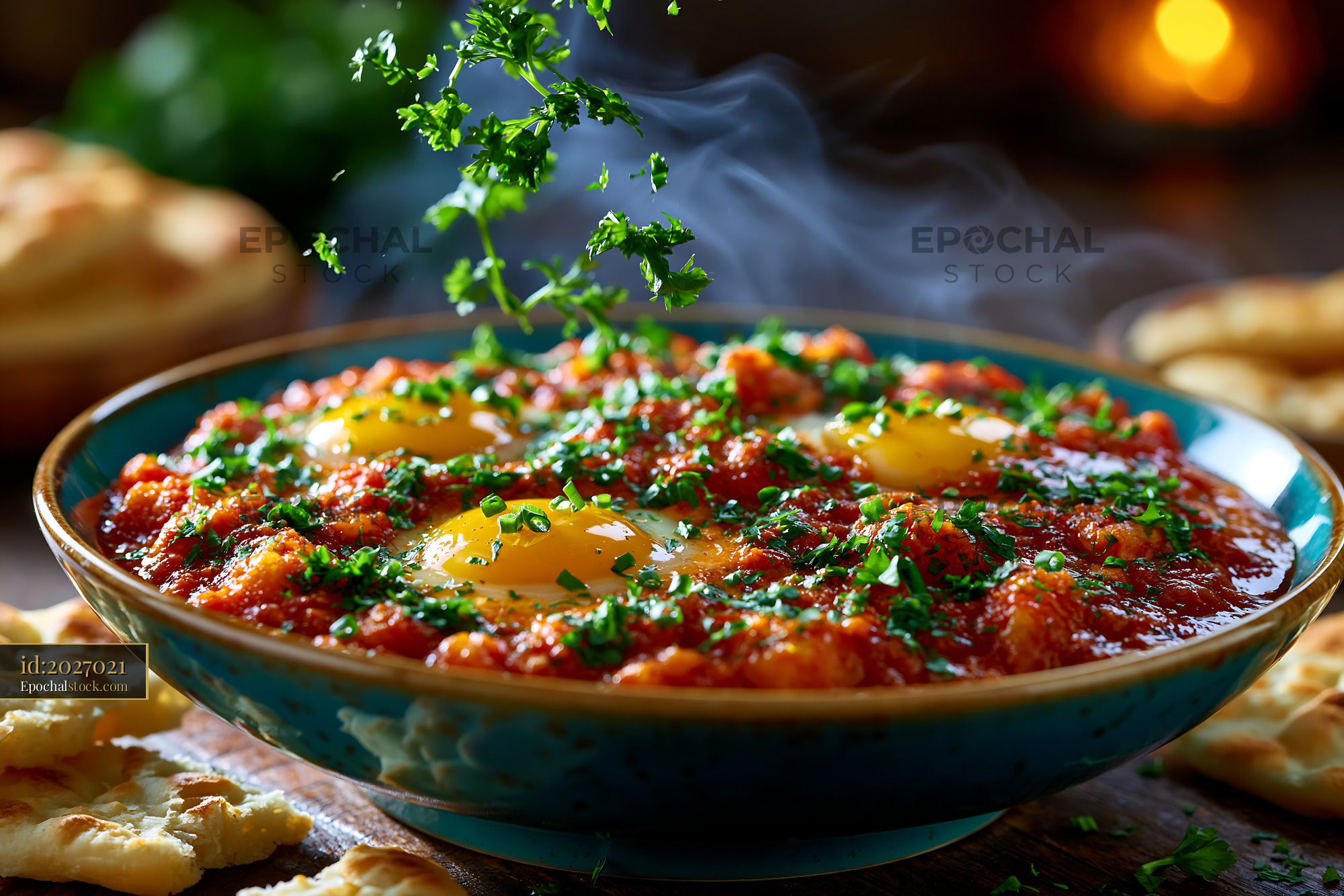 Watermarked full-resolution preview of Delicious dish with eggs and herbs on a wooden table