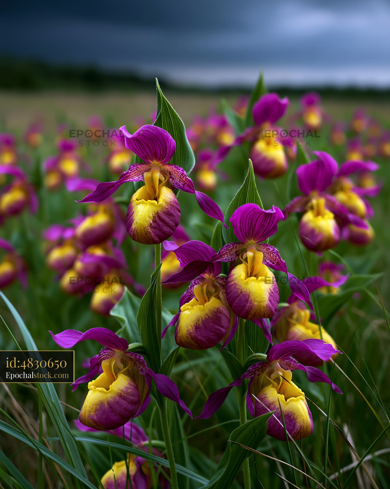Watermarked full-resolution preview of Orchids bloom in a field under a dark sky