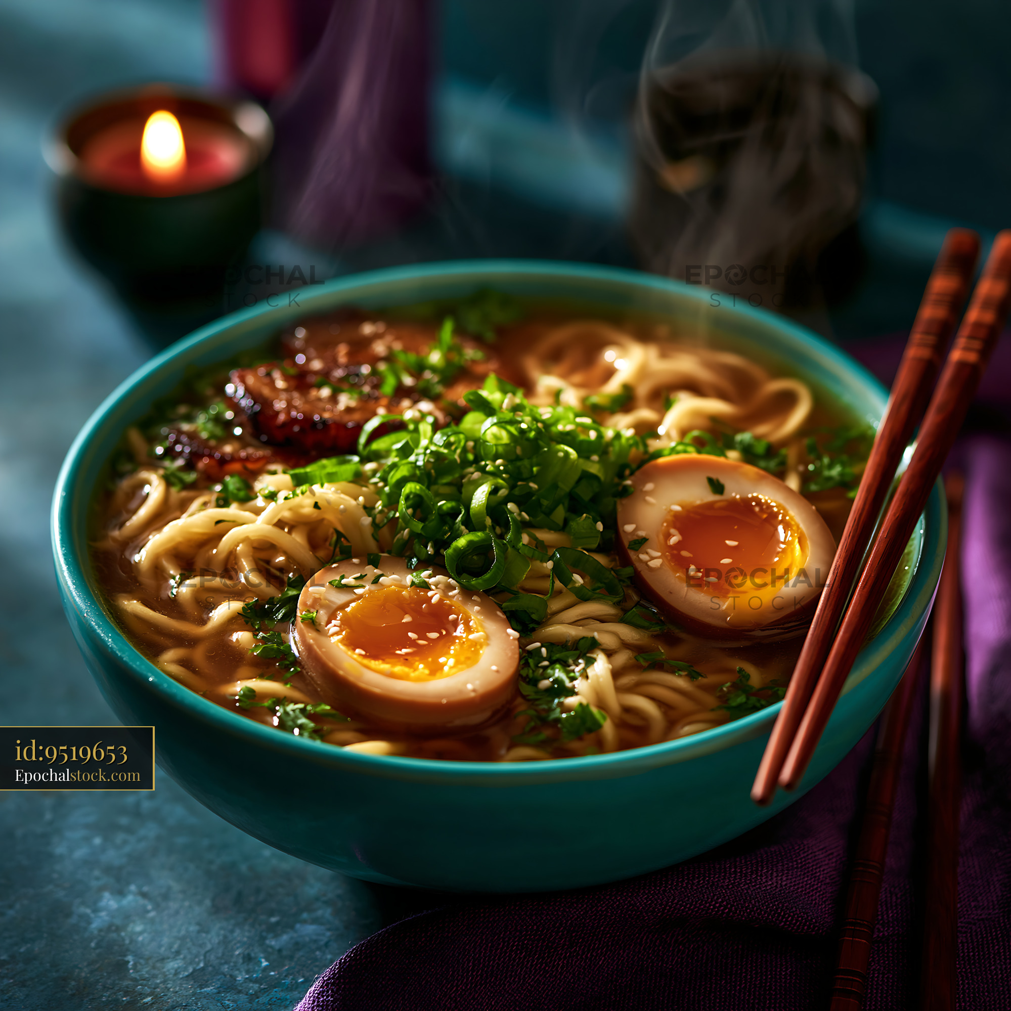 Watermarked full-resolution preview of Noodle bowl with soft boiled eggs and herbs on a table