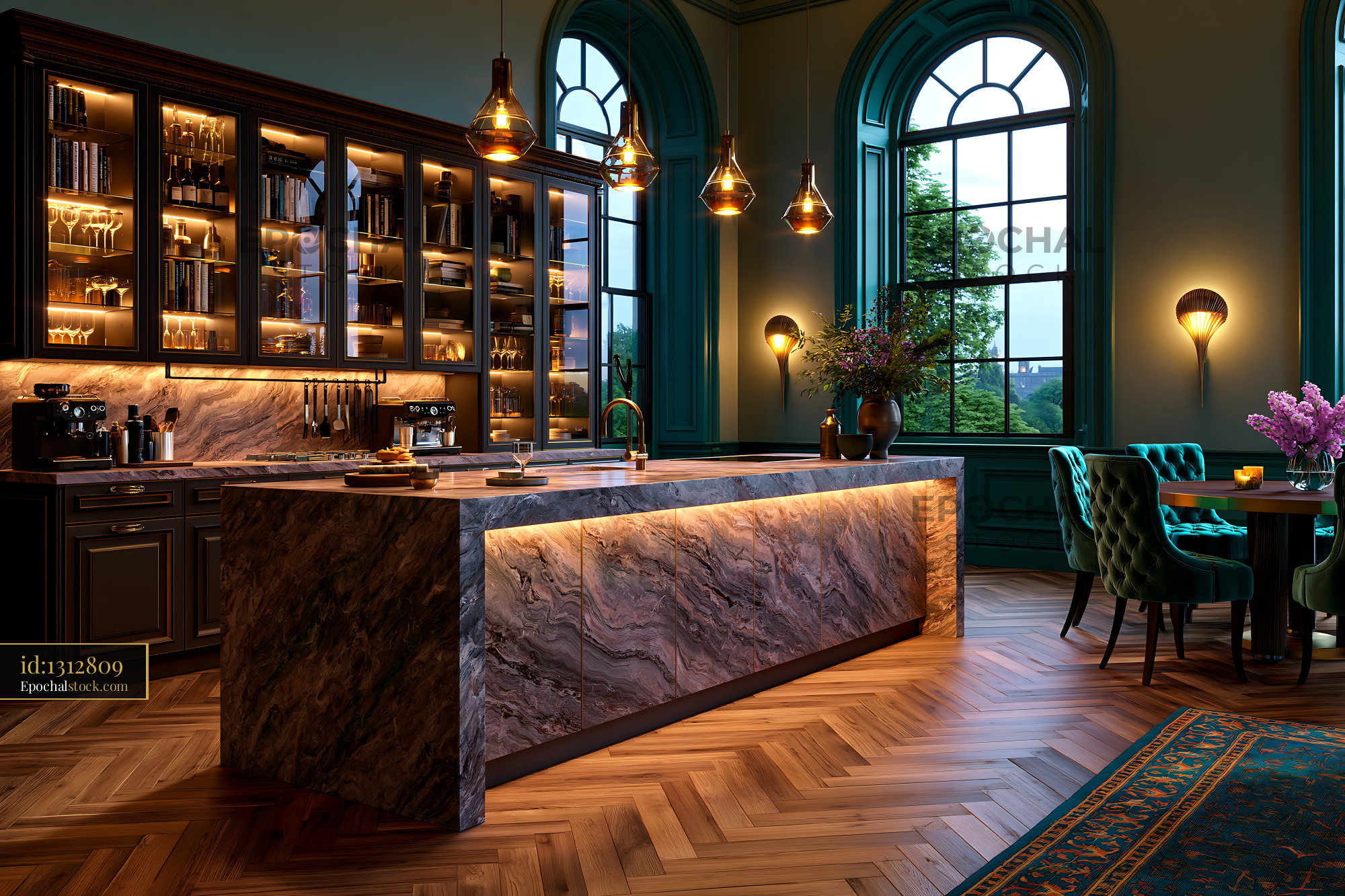 Watermarked full-resolution preview of This kitchen displays a large stone island with ambient lighting
