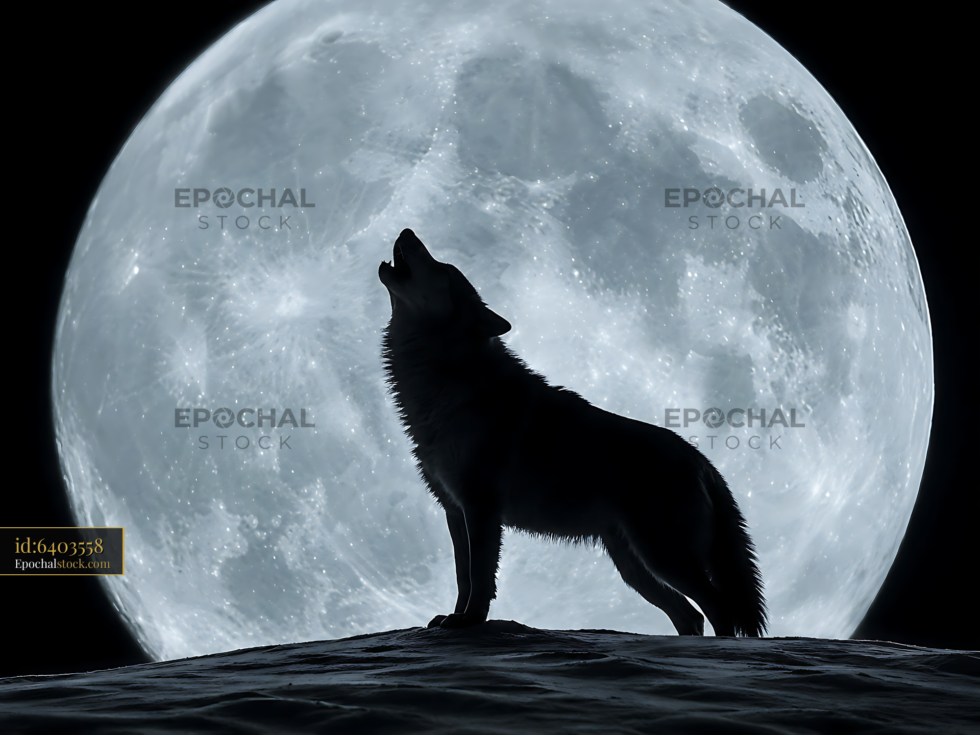 Watermarked full-resolution preview of Wolf howling under the full moon at night