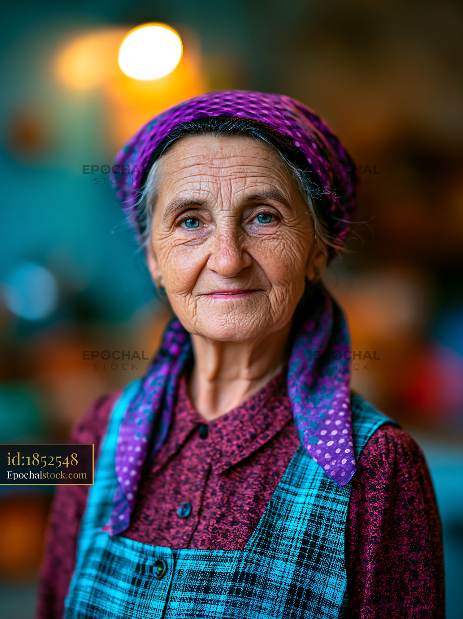 Watermarked full-resolution preview of Elderly woman wearing a scarf in traditional attire