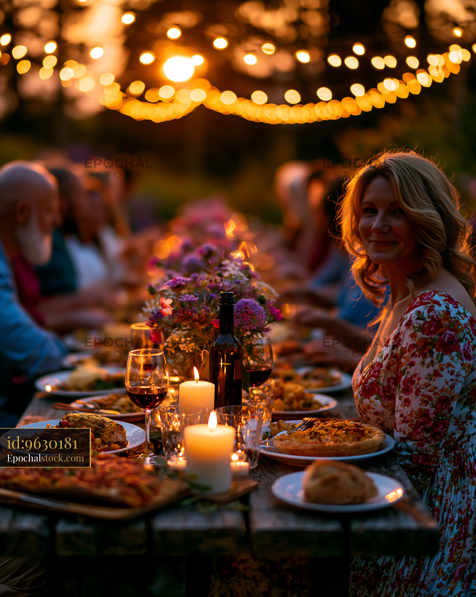 Watermarked full-resolution preview of Warm outdoor dinner gathering with candlelight and string lights
