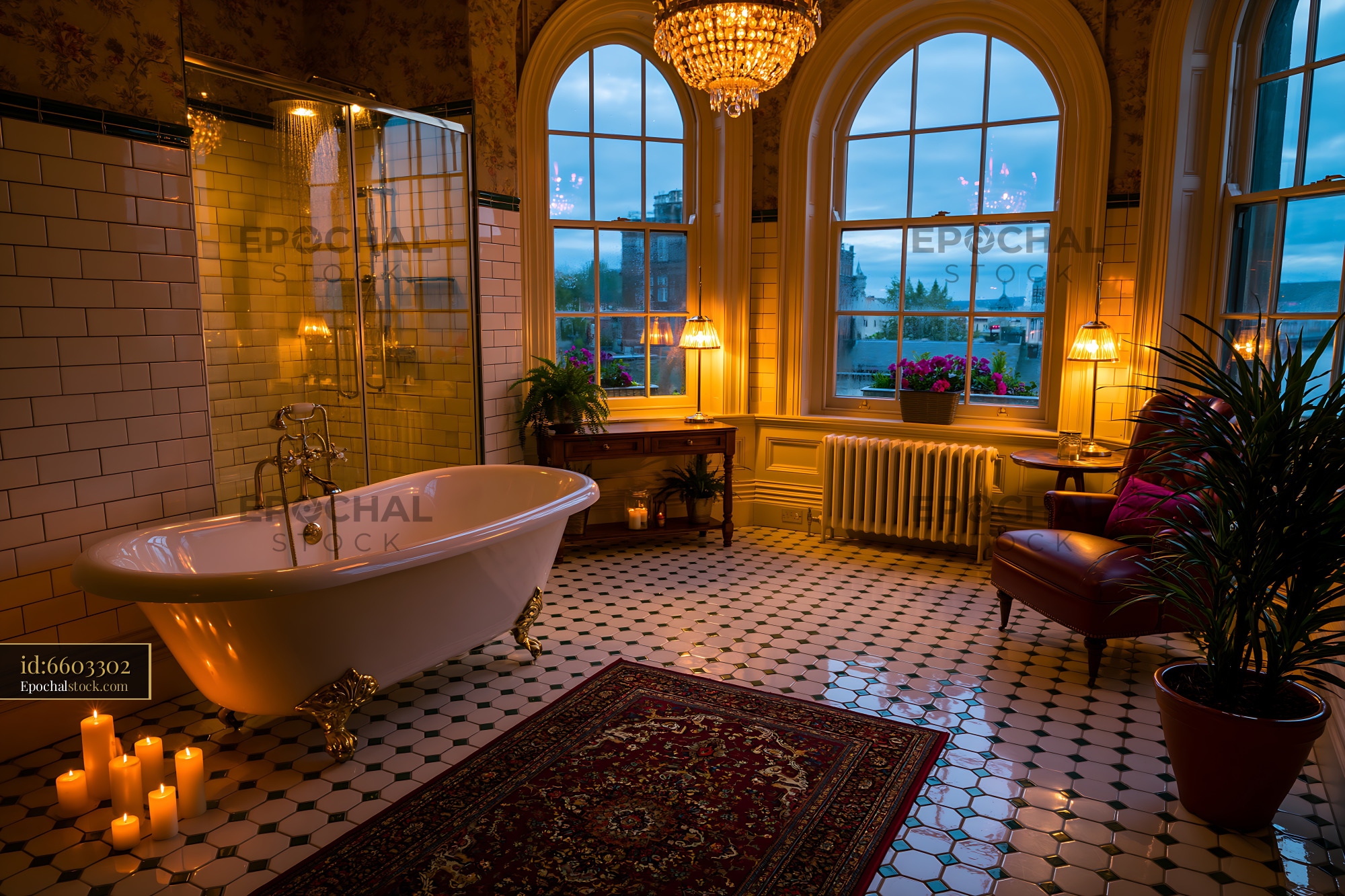 Watermarked full-resolution preview of Warm luxury bathroom interior with clawfoot tub