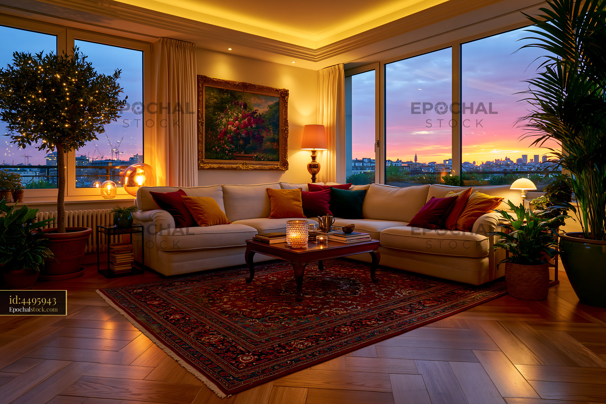 Watermarked full-resolution preview of Cozy living room with sunset view over the city skyline