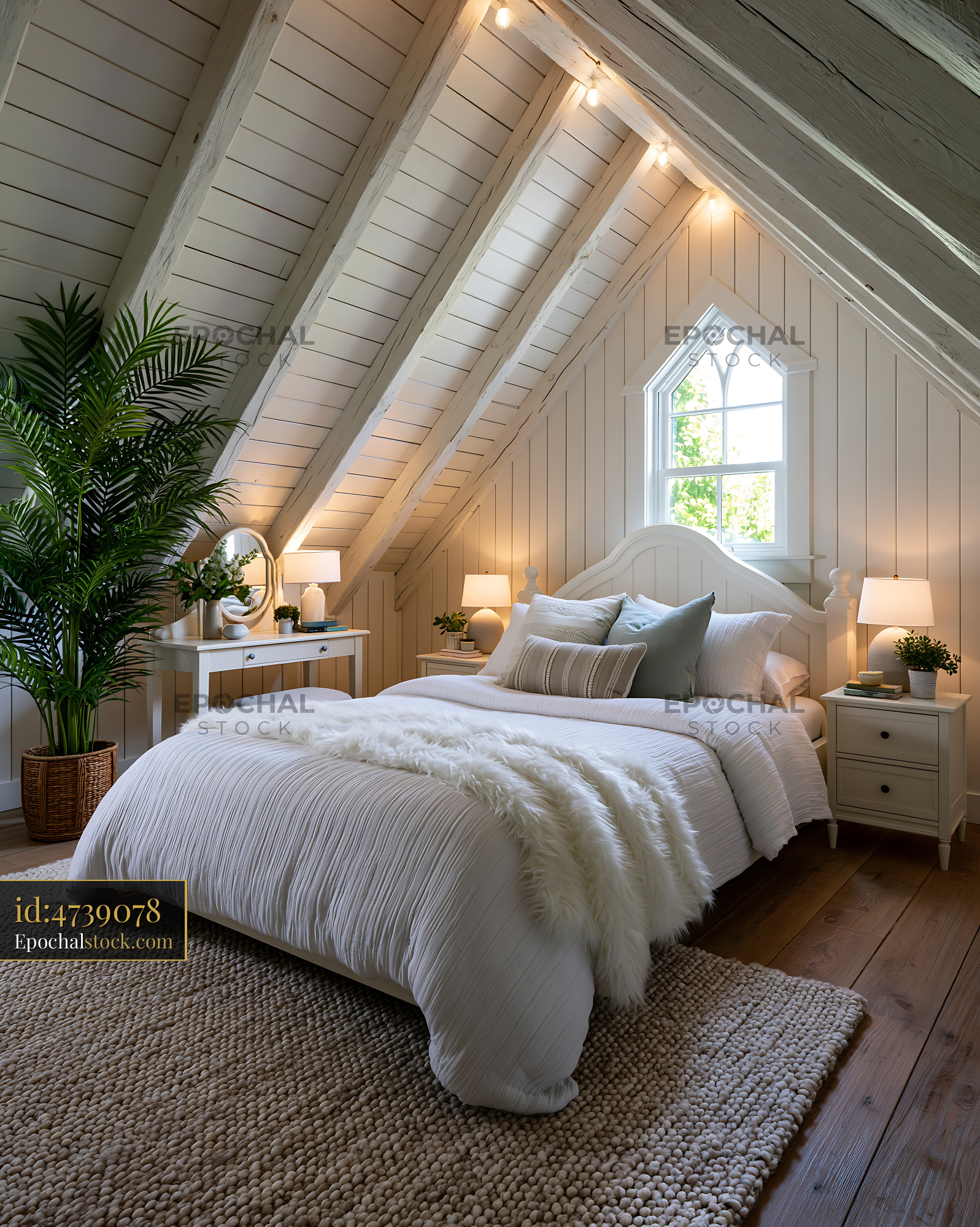 Watermarked full-resolution preview of Bright attic bedroom with white bed and warm lighting
