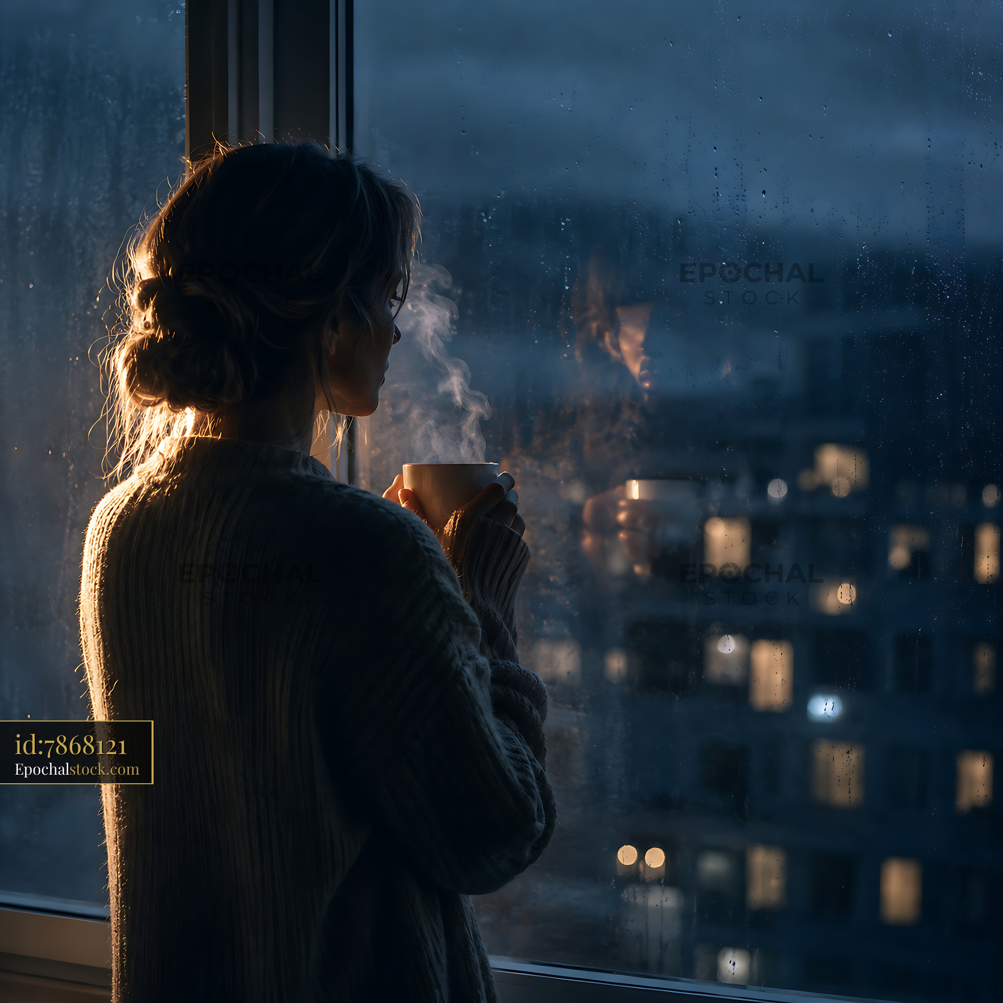 Watermarked full-resolution preview of Woman enjoying drink by window at night