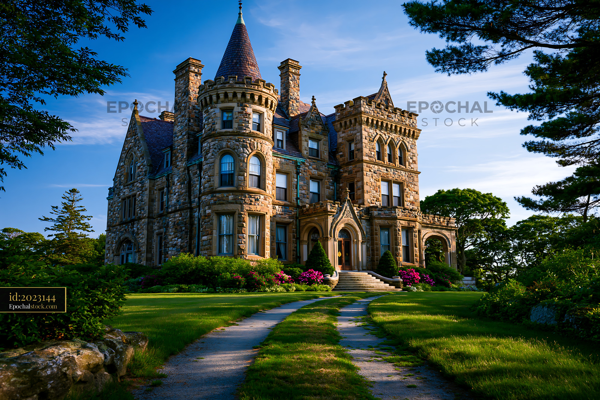 Watermarked full-resolution preview of Beautiful historic mansion with a grand exterior and garden