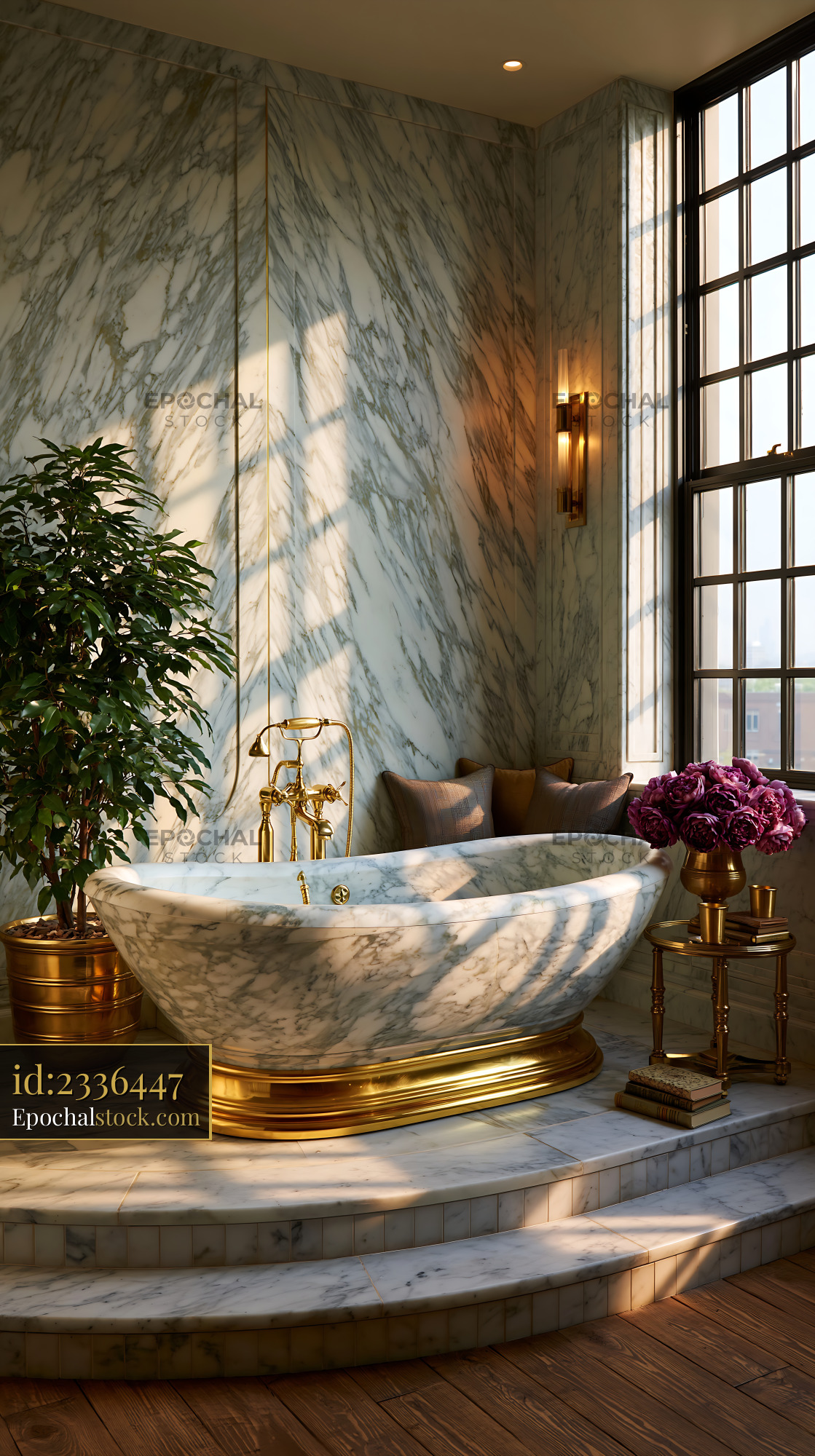 Watermarked full-resolution preview of Luxury bathroom with marble tub and large window