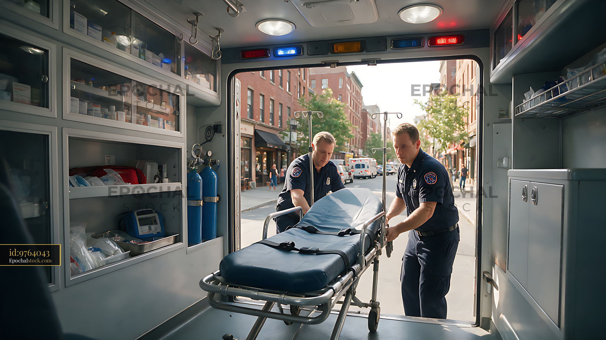 Watermarked full-resolution preview of Paramedics loading a stretcher into an ambulance