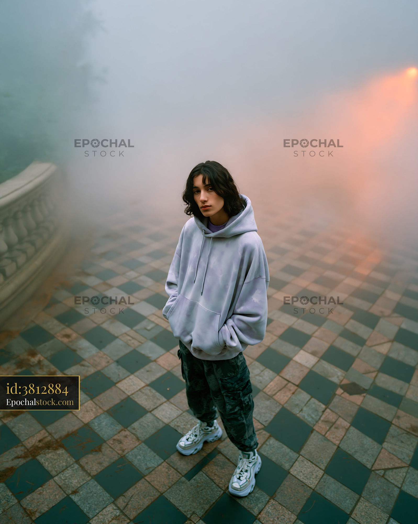 Watermarked full-resolution preview of Young person standing in fog on patterned pavement