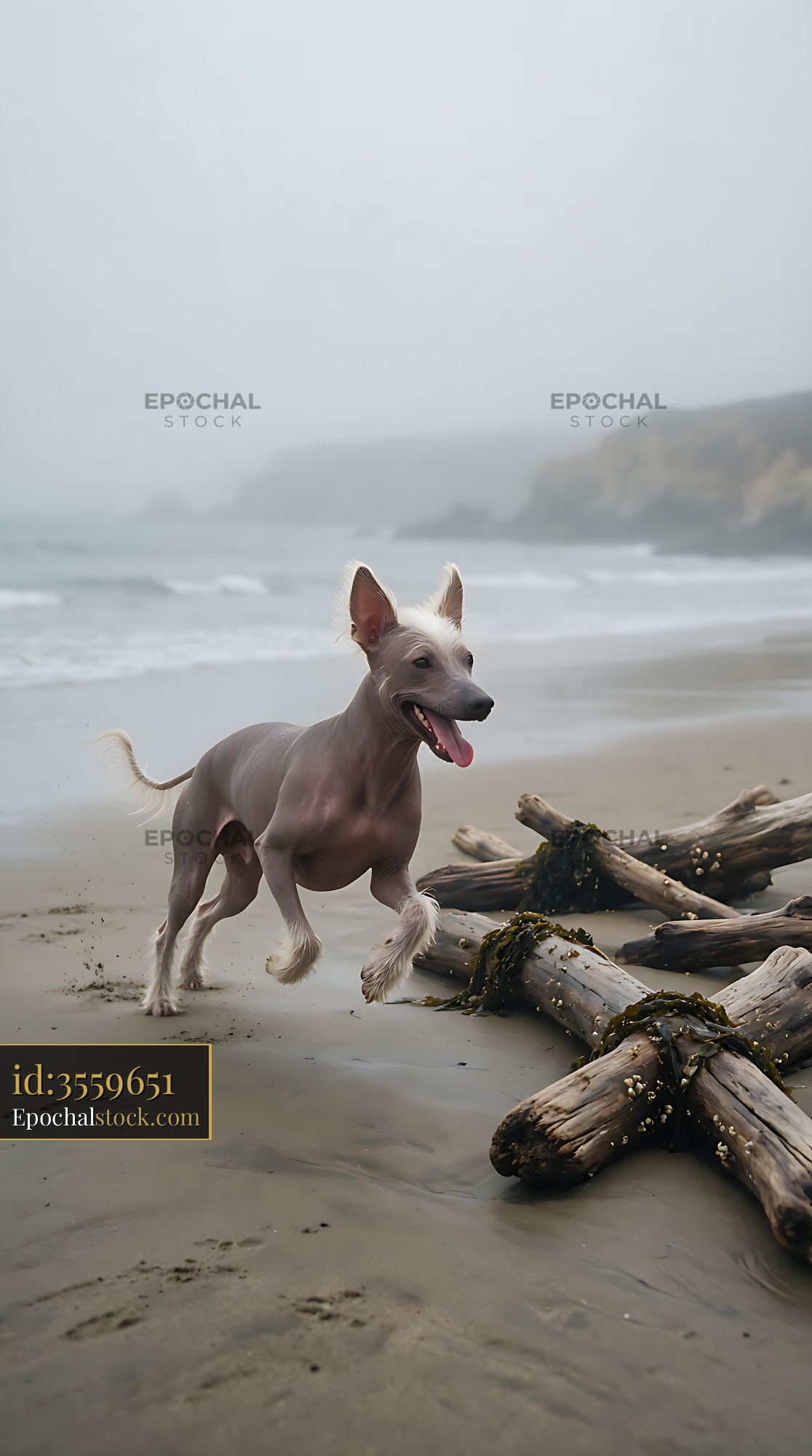 Watermarked full-resolution preview of Hairless dog running on wet sand by the ocean