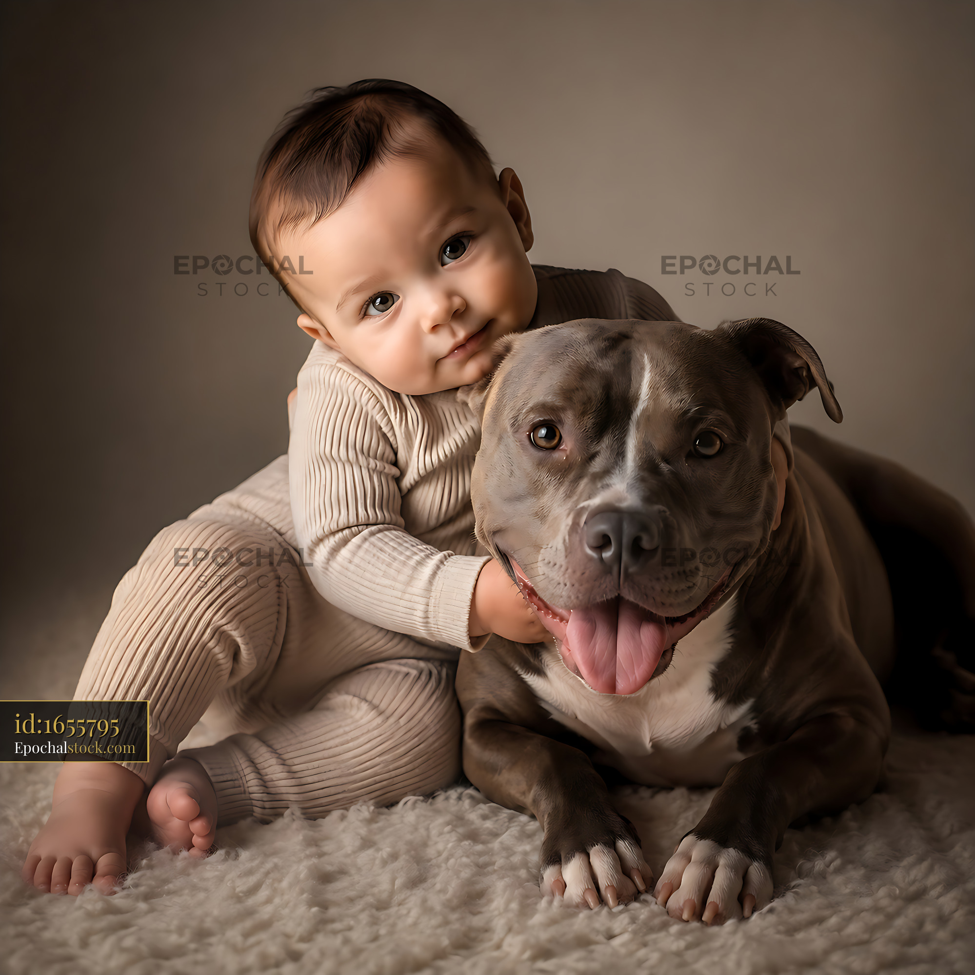 Watermarked full-resolution preview of Baby and dog together on soft carpet