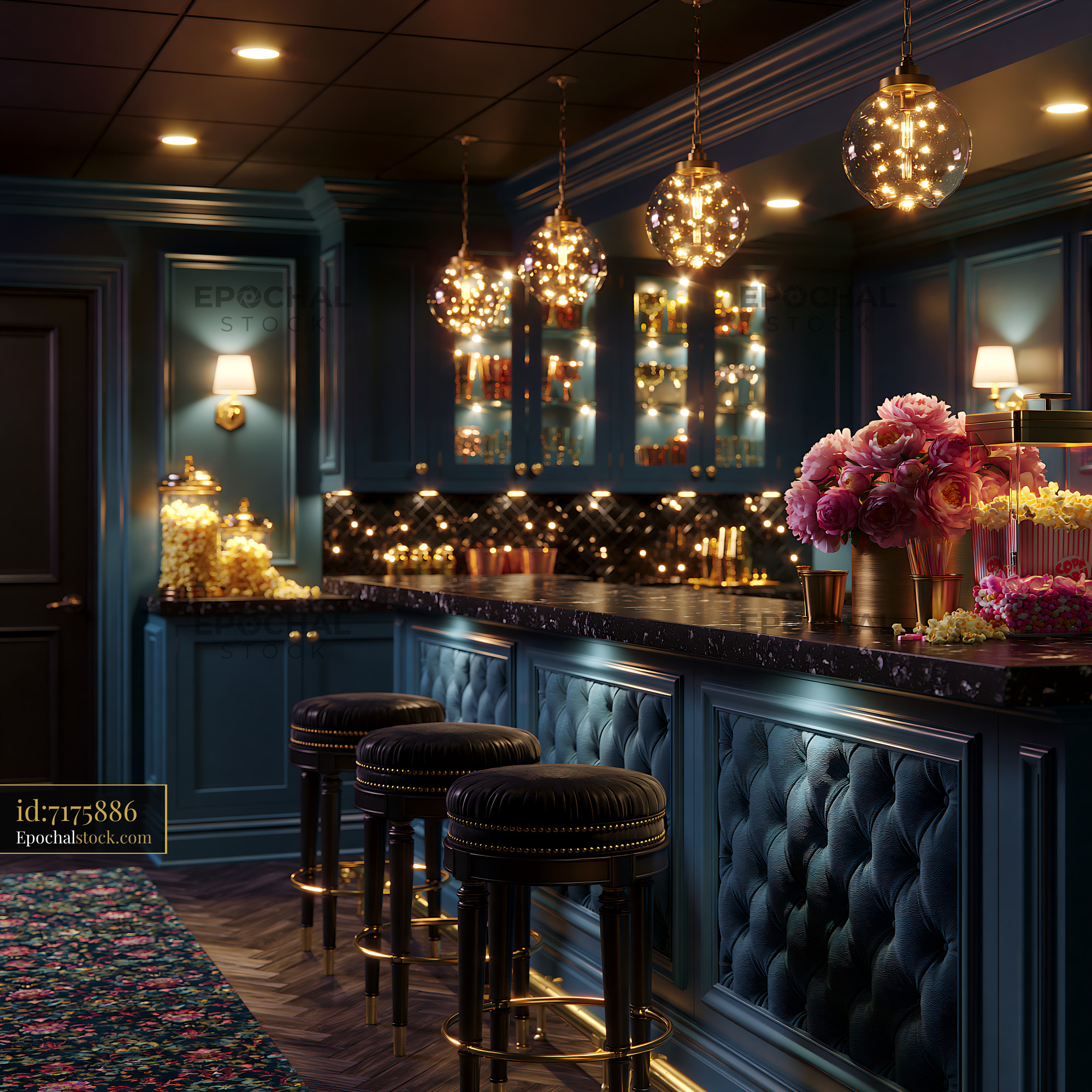Watermarked full-resolution preview of Elegant bar area with seating and decorative lights